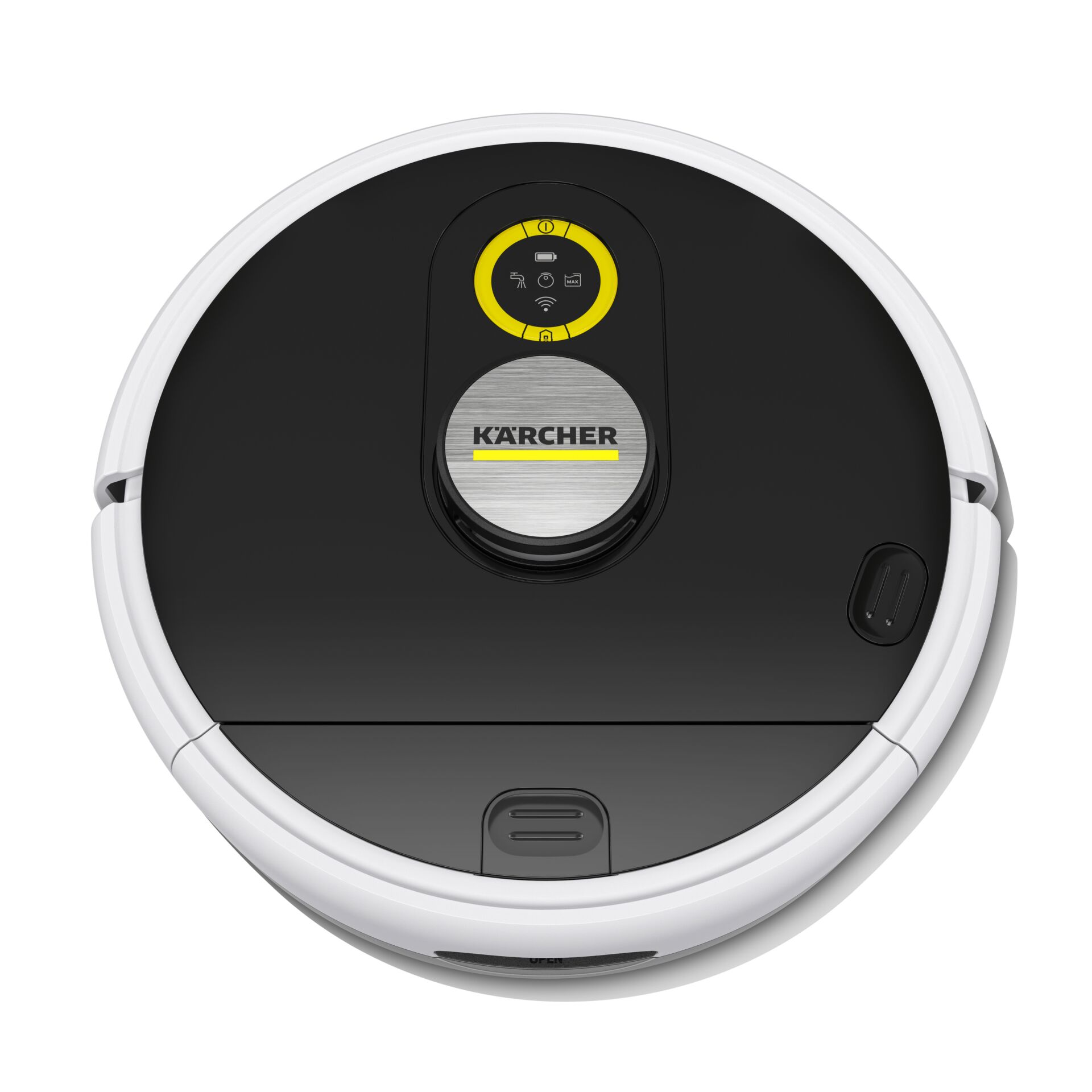Roboter-Staubsauger, Runder Form, Schwarz oben, Gelbe Akzente, Ladebasis, Saugroboter, Roboter Staubsauger, Kärcher, Staubsauger Roboter, Runder Saugroboter