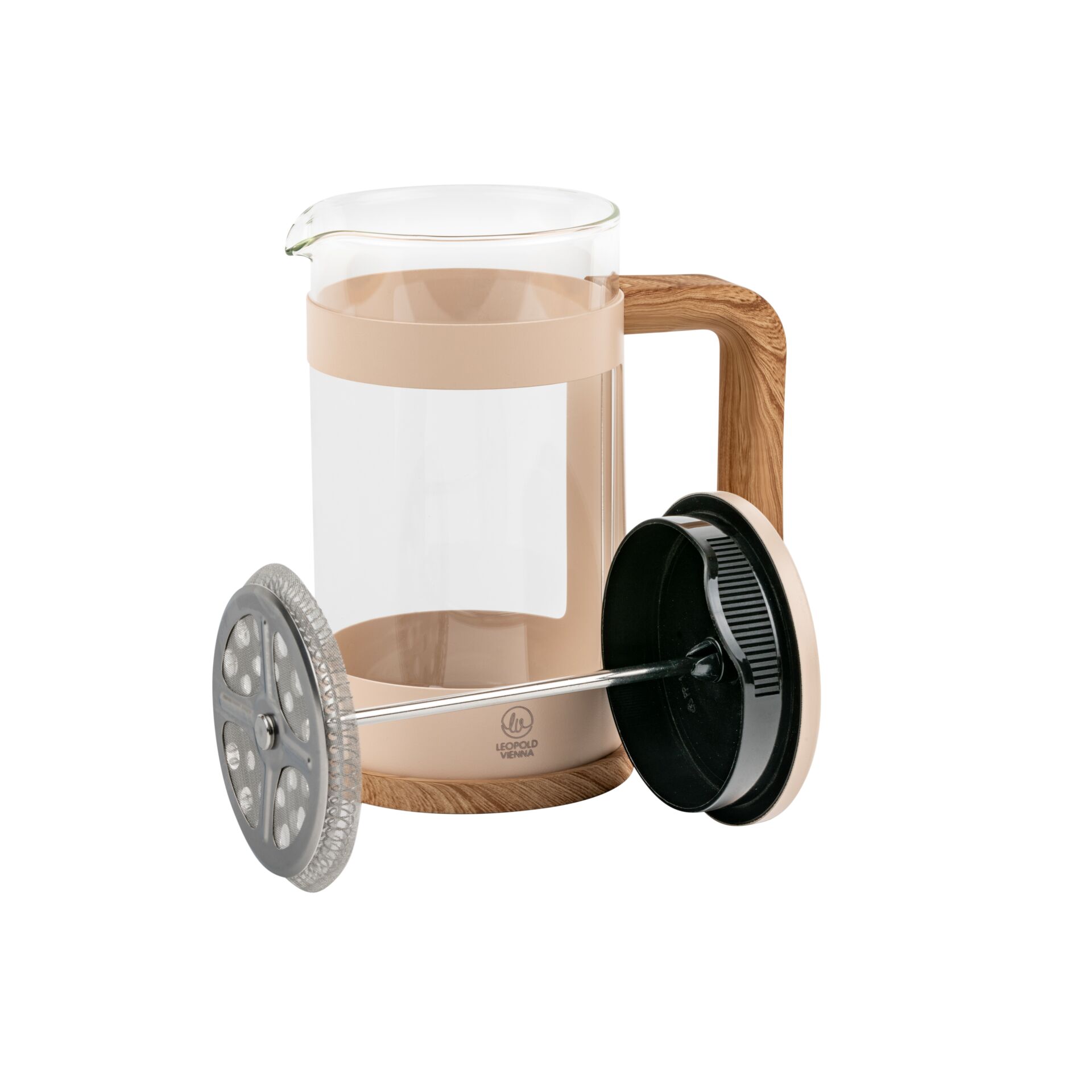 French press, Glasbehälter, Holzgriff, Metall-Pfropfen, Beige
