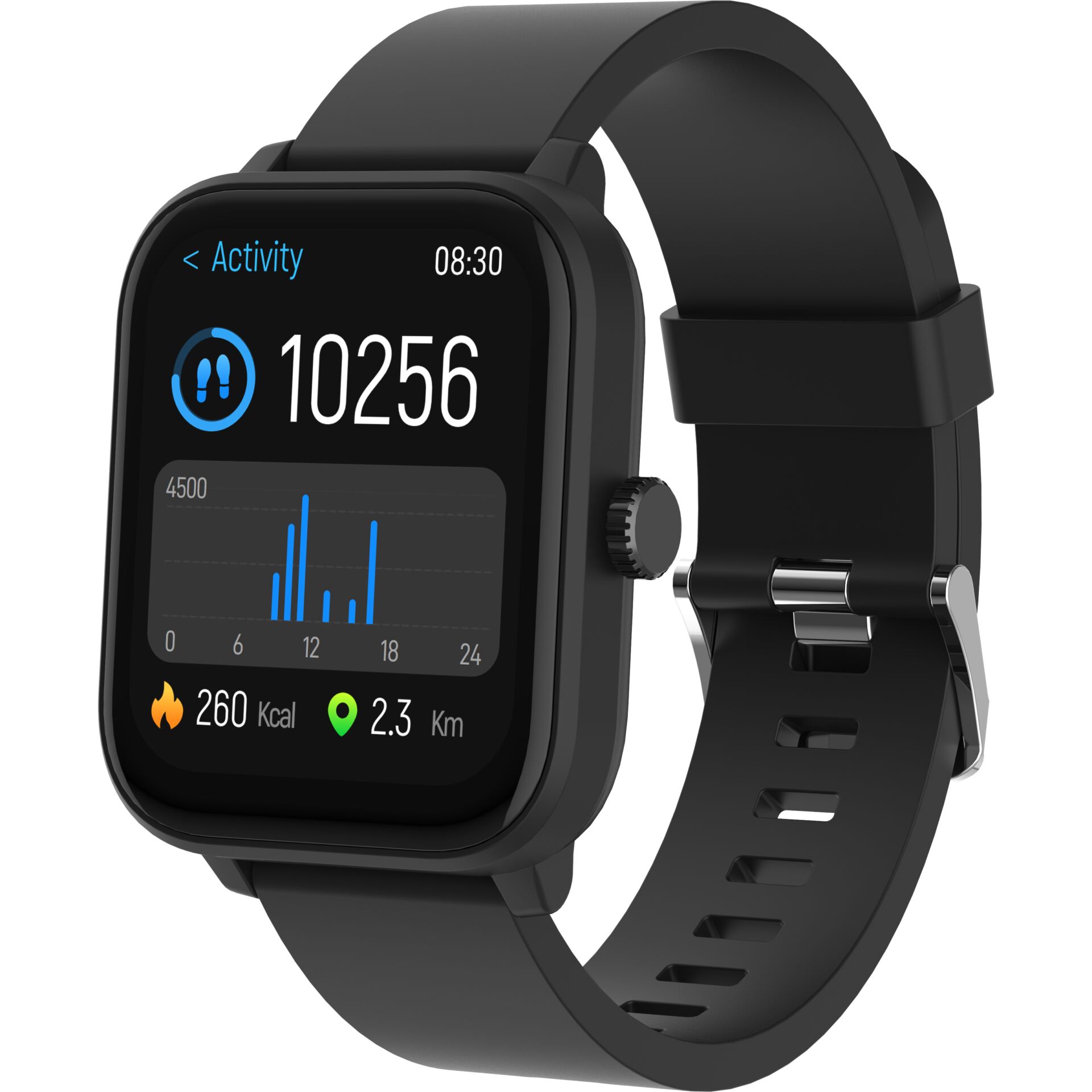Smartwatch, Digitalanzeige, schwarzes Armband, rechteckige Uhr, Fitness-Tracker