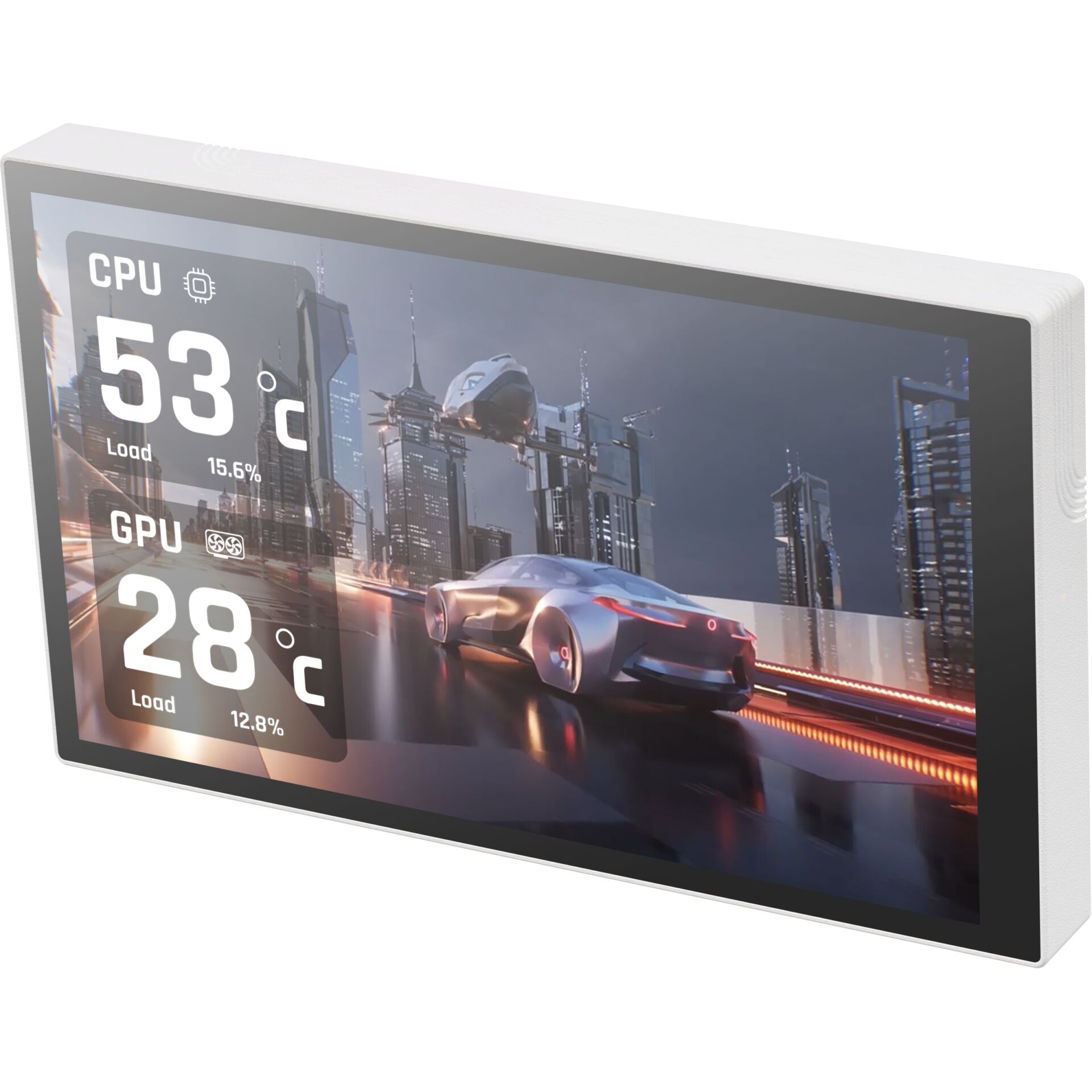Smartanzeige, Wetter/CPU GUI, Zukunftsauto-Szene, Stadtlandschaft, Digitale Armatur