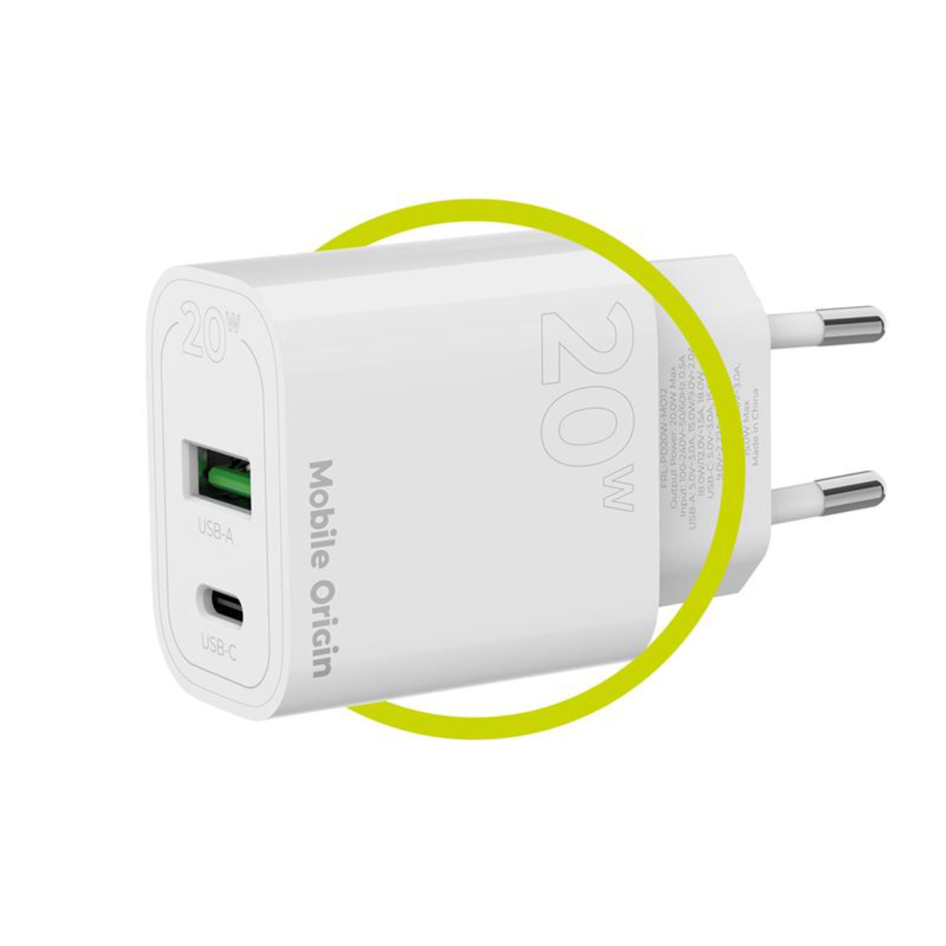 USB-A Port, USB-C Port, 20W Ladegerät, Wandladegerät, weißer Kunststoff