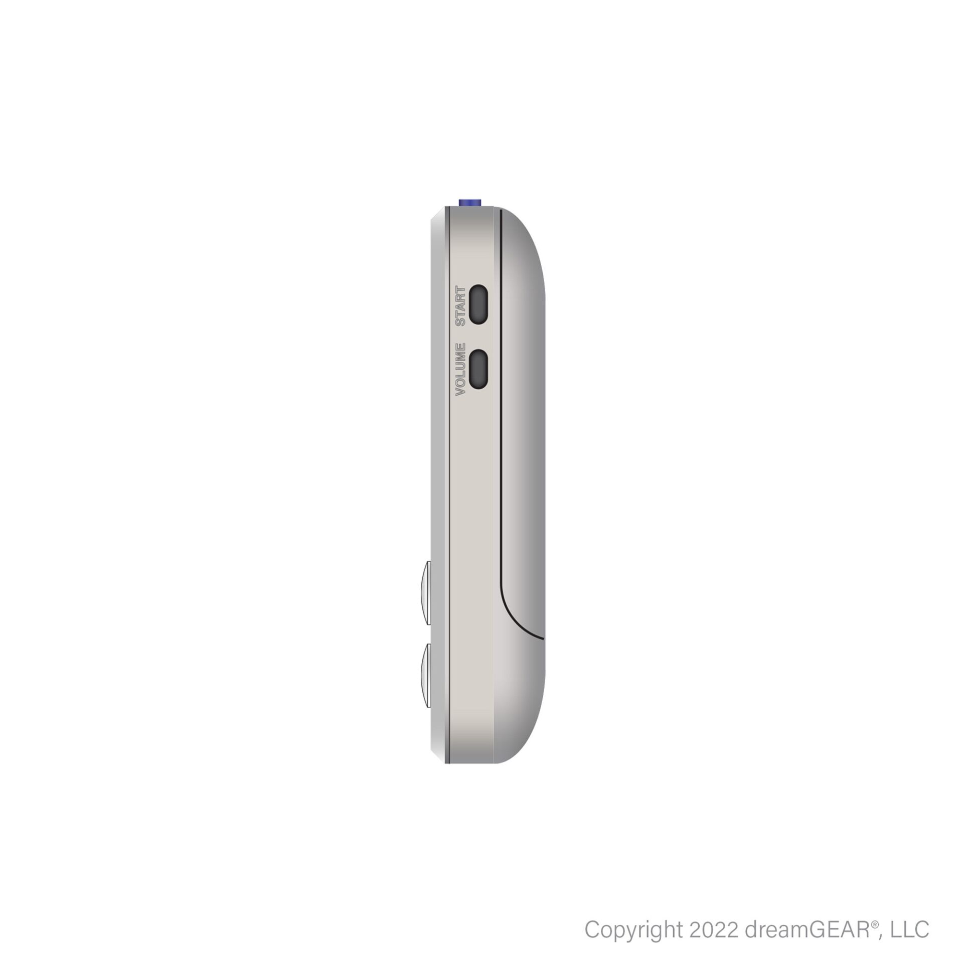Seitenansicht, Lautstärkeregler, Startknopf, abgerundete Kante, Silberfarbene