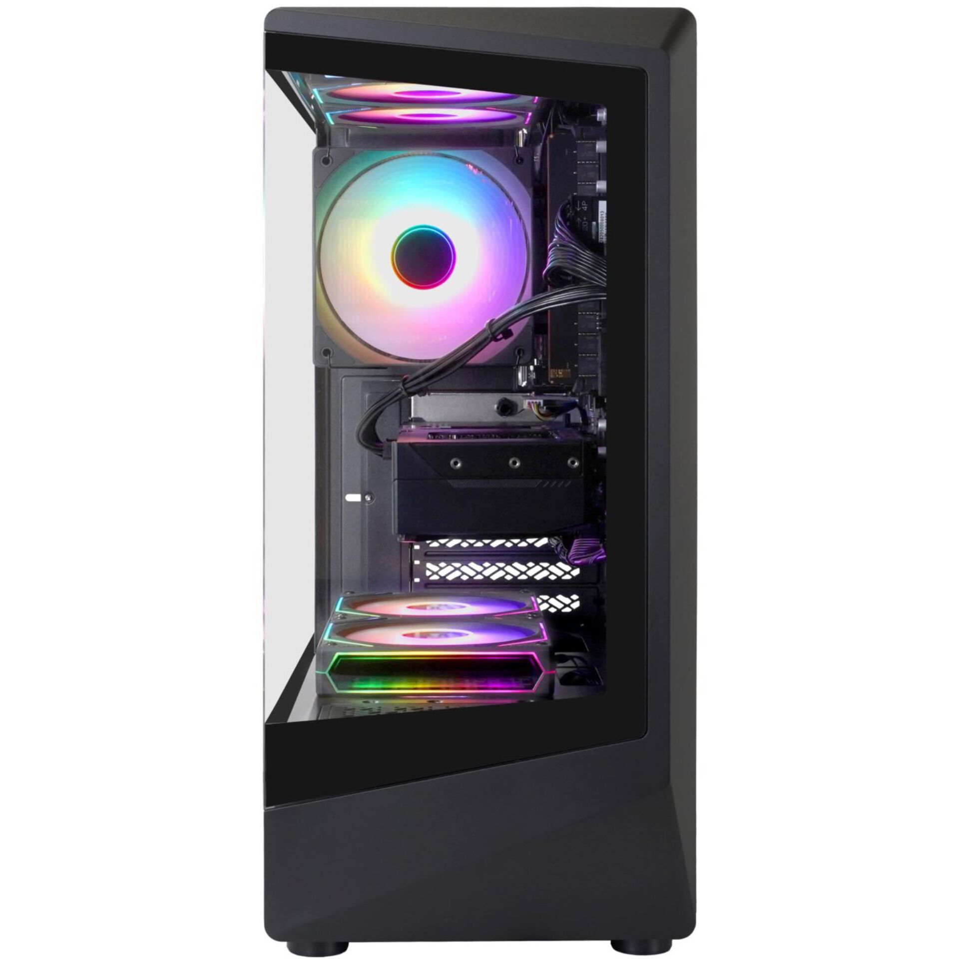 Gaming-PC, schwarzes Gehäuse, Glasseitenwand, RGB-Beleuchtung, RGB-Lüfter