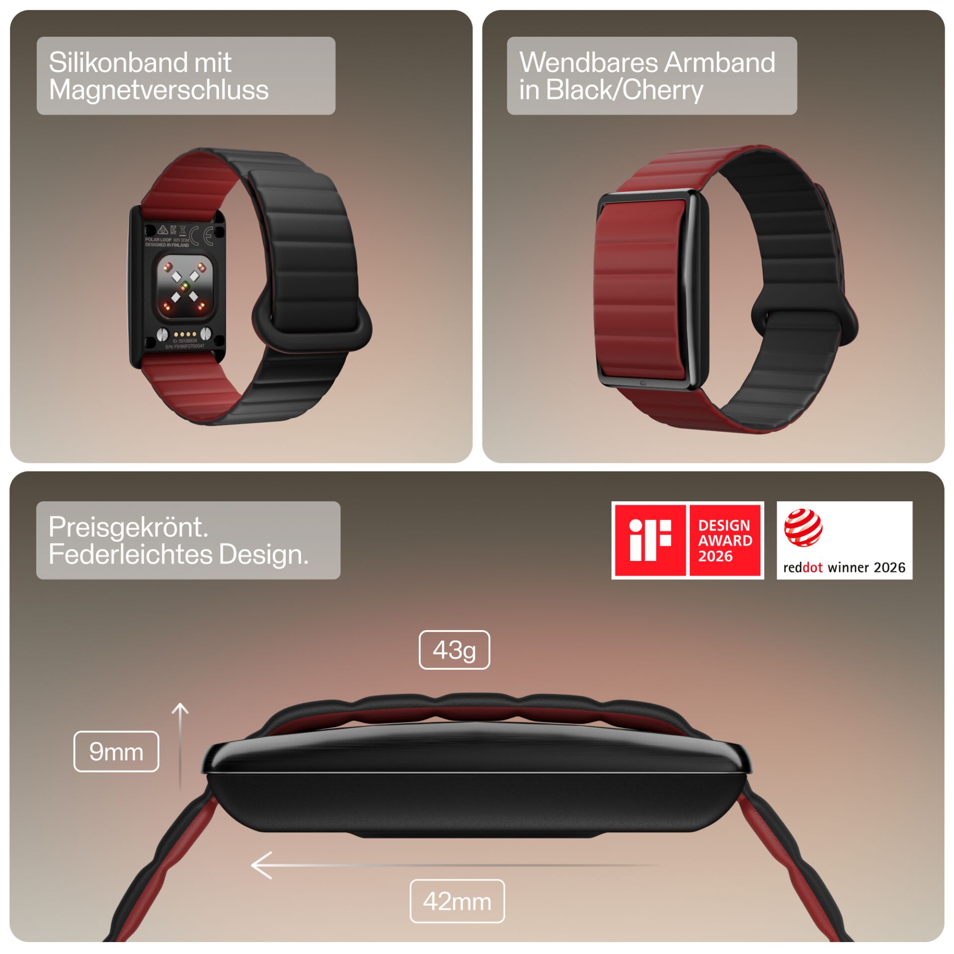 Smartwatch-Armband, Silikon, Magnetverschluss, wendbar, Schwarz-Rot