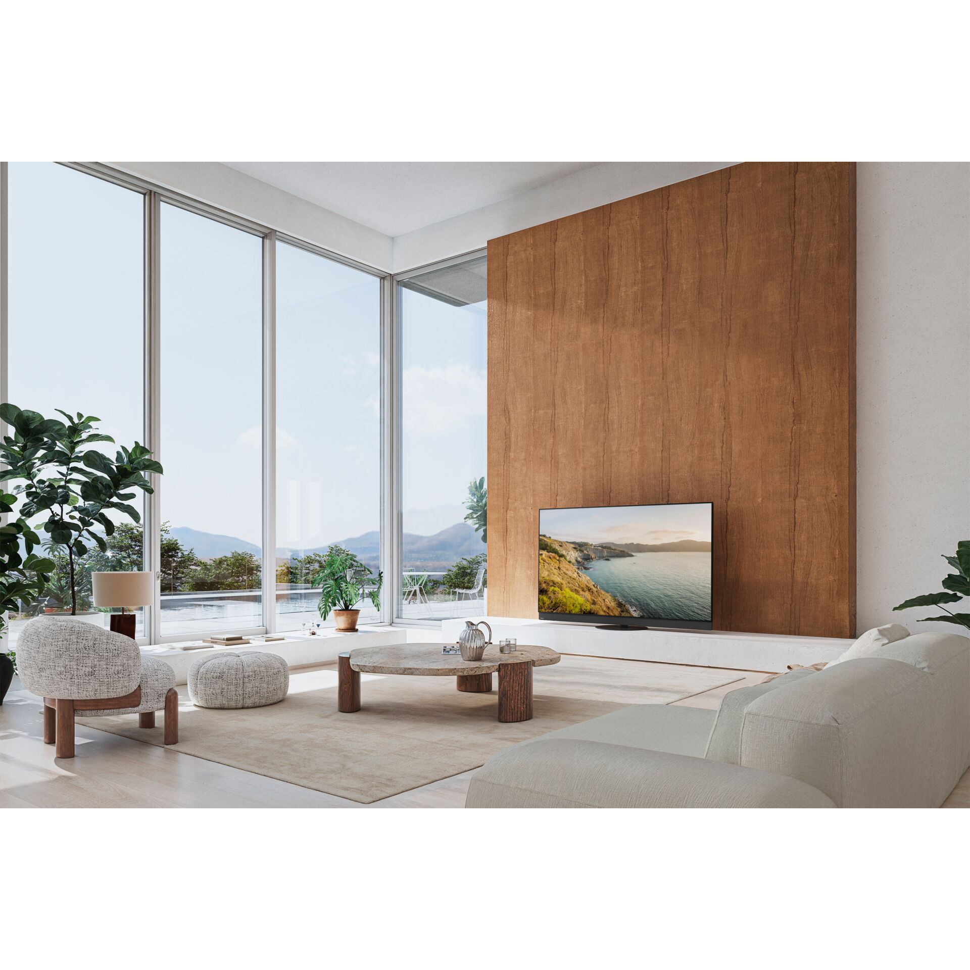 Wohnzimmer, TV, Holzwand, Große Fenster, Holztisch