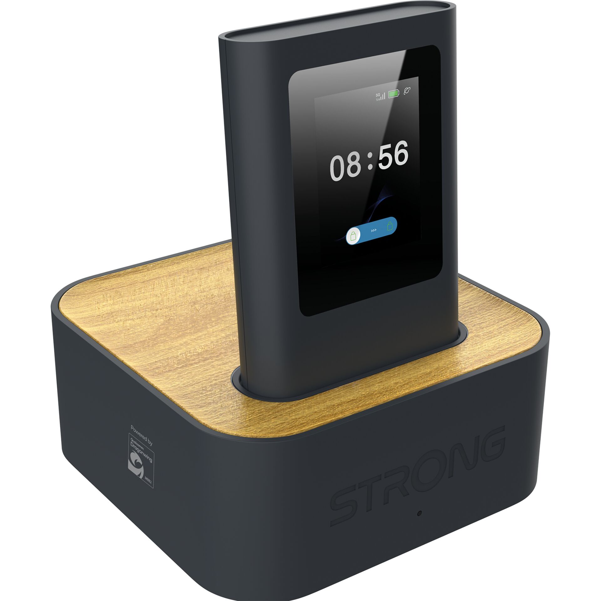 Smartwatch, Ladestation, Holzbase, Schwarzes Gerät, Touchscreen
