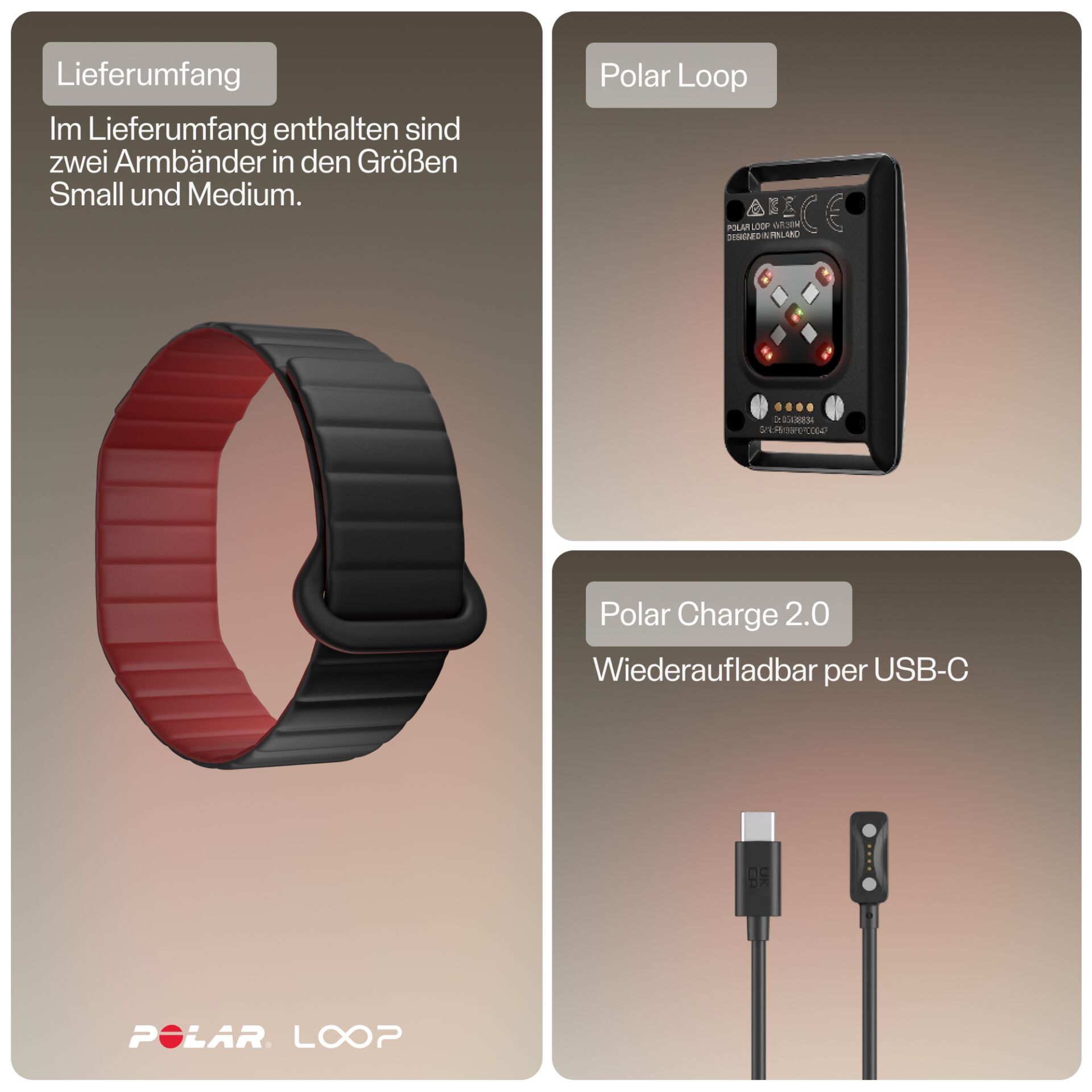 Fitnessarmband, Schwarz-Rot, geripptes Armband, USB-C-Ladekabel, Größen S und M