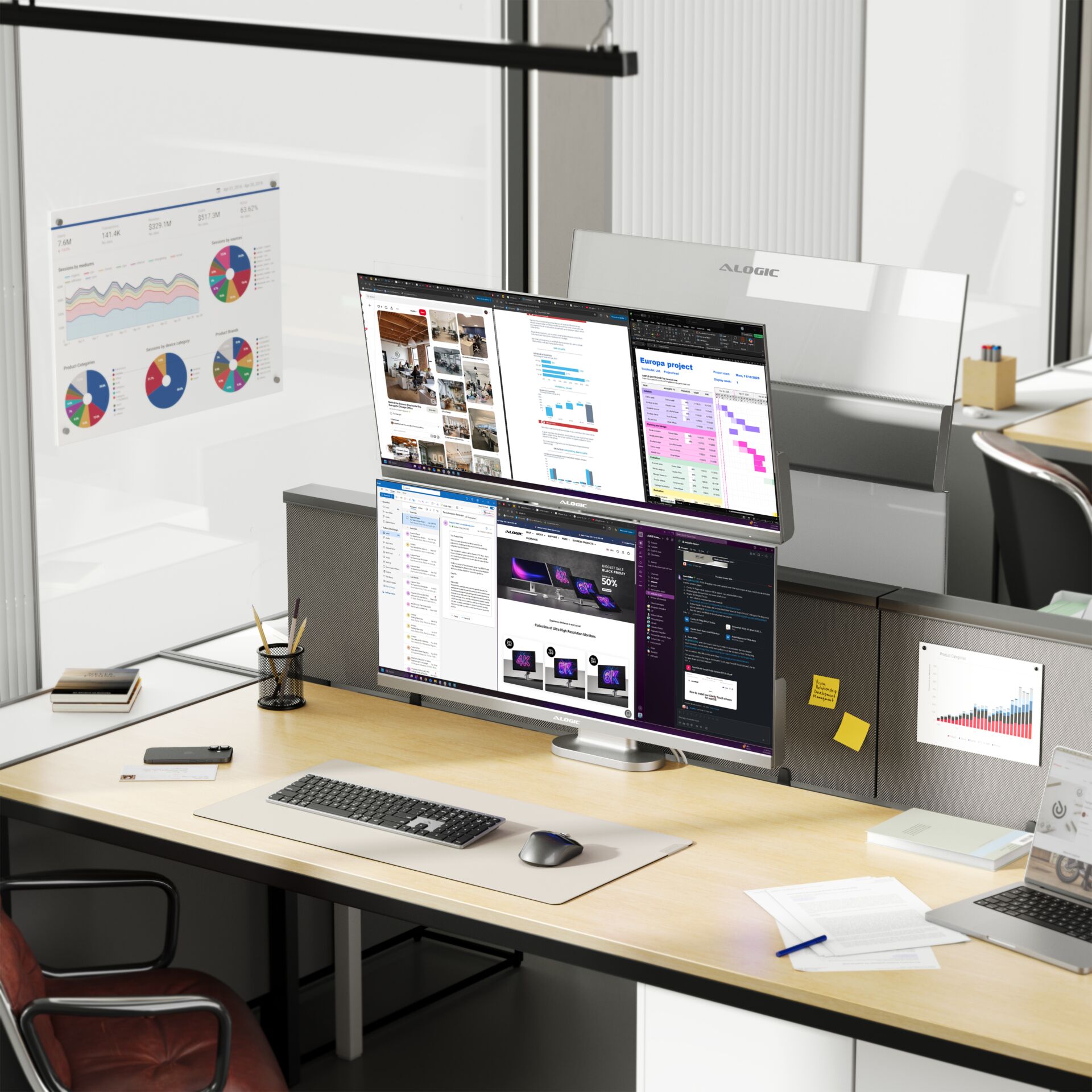 Schreibtisch, Büro, Doppelmonitor, Computereinrichtung, Diagramme