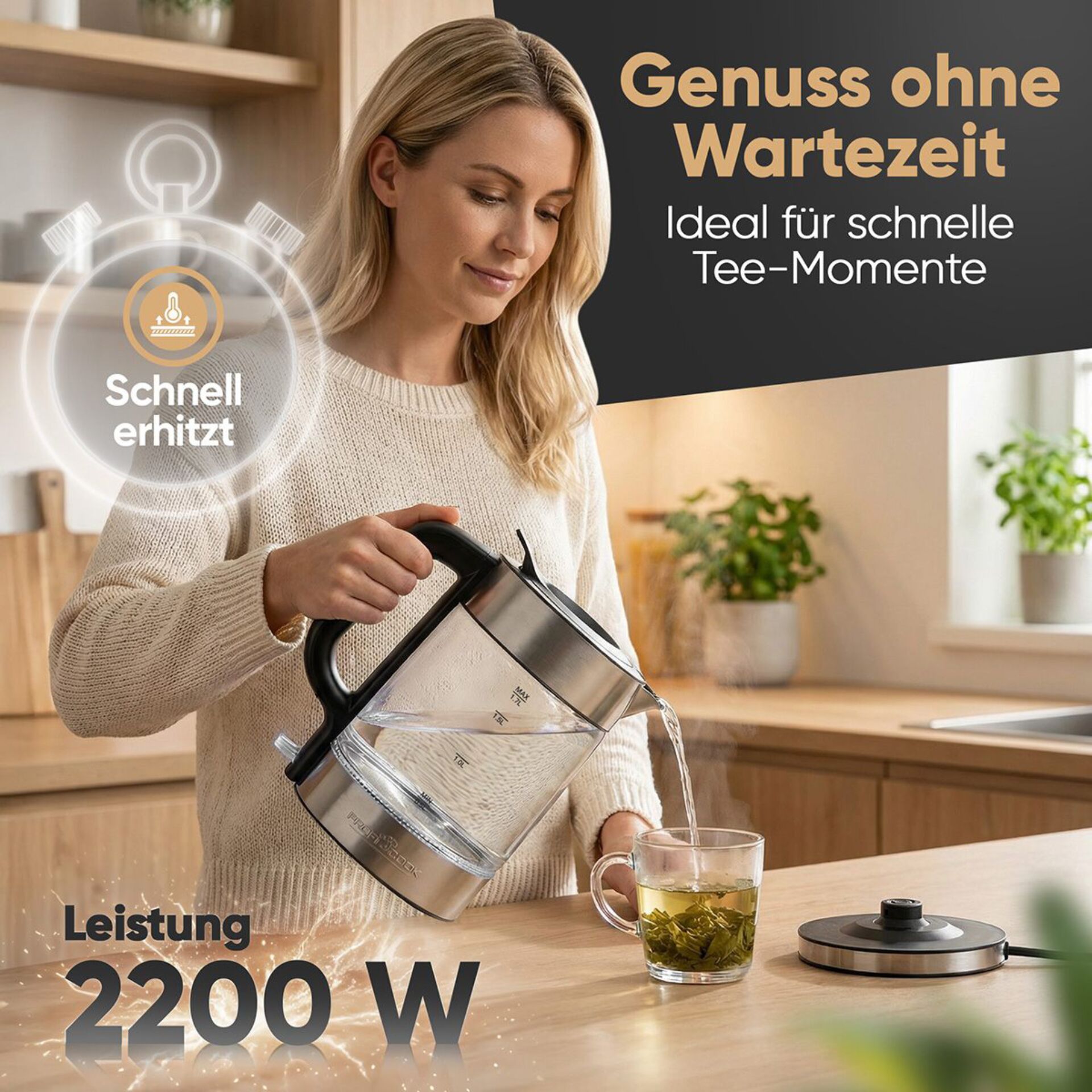Kaffee-/Teekanne, Wasserkocher, Glasbehälter, 1800-2000 W, Teewasser