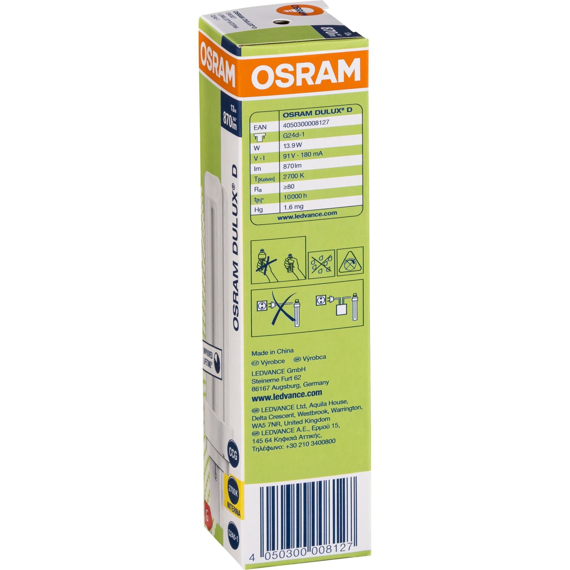 gloss, fluorescent, green box, lamp capsule, Osram dulux D