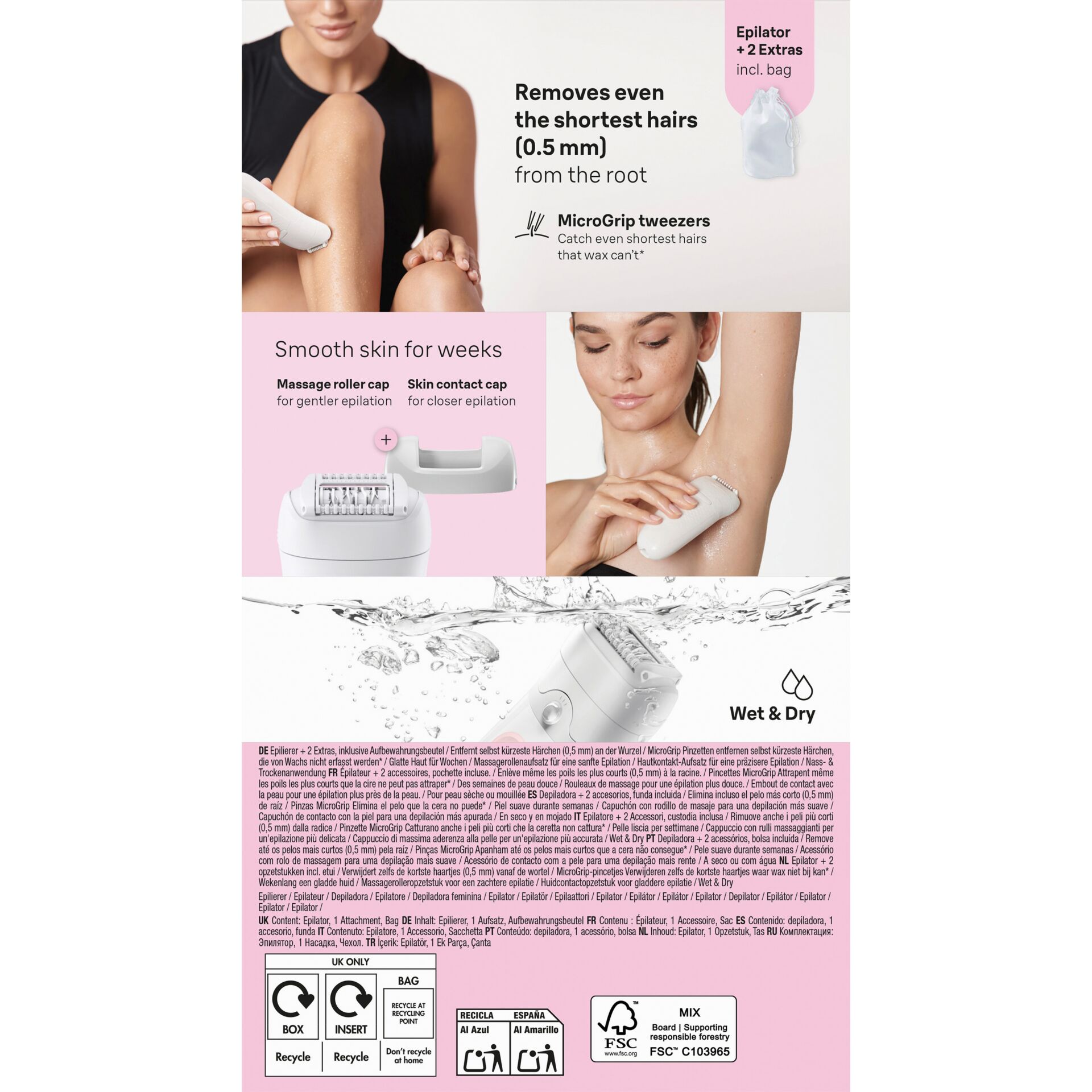 epilierer, pinzette, massage, glatte haut, nass & trocken