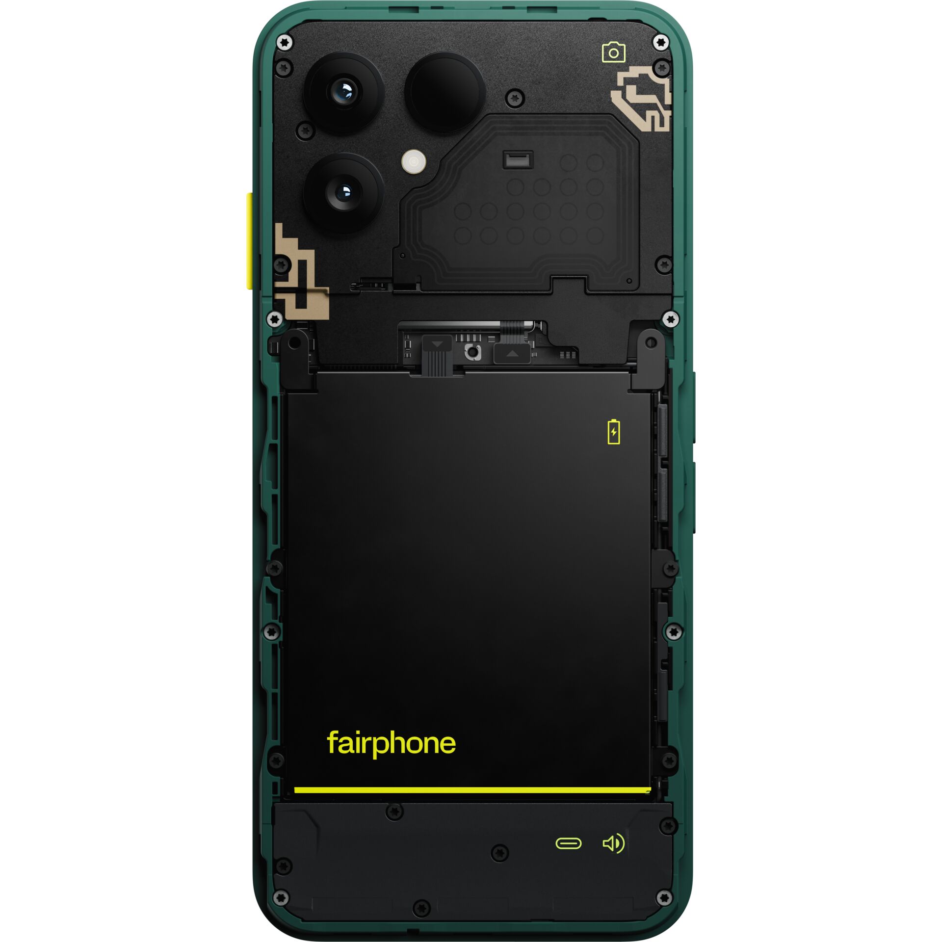 handset, back view, green frame, dual cameras, battery cover