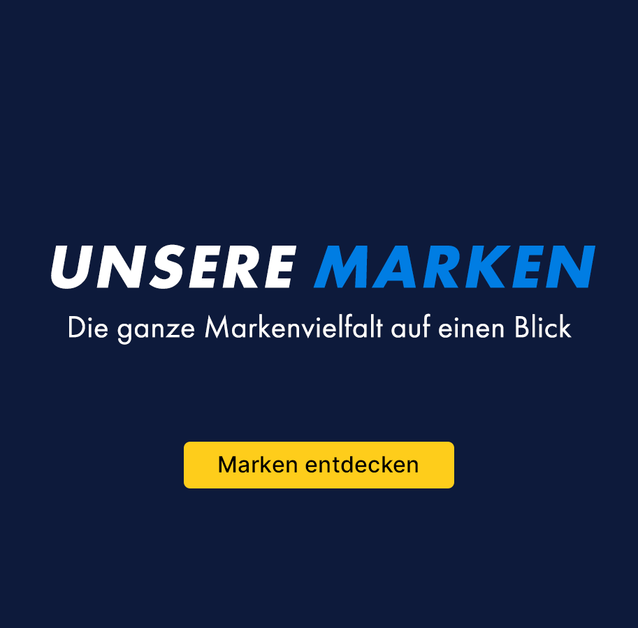 Werbebanner, Markenübersicht, Dunkelblauer Hintergrund, Gelbe Schaltfläche, Deutscher Text