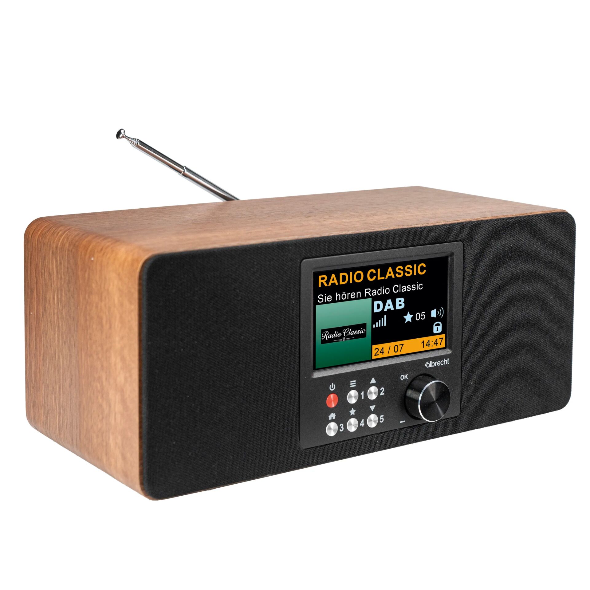 Radio, Holzkabine, DAB-Radio, digitaler Bildschirm, Antenne