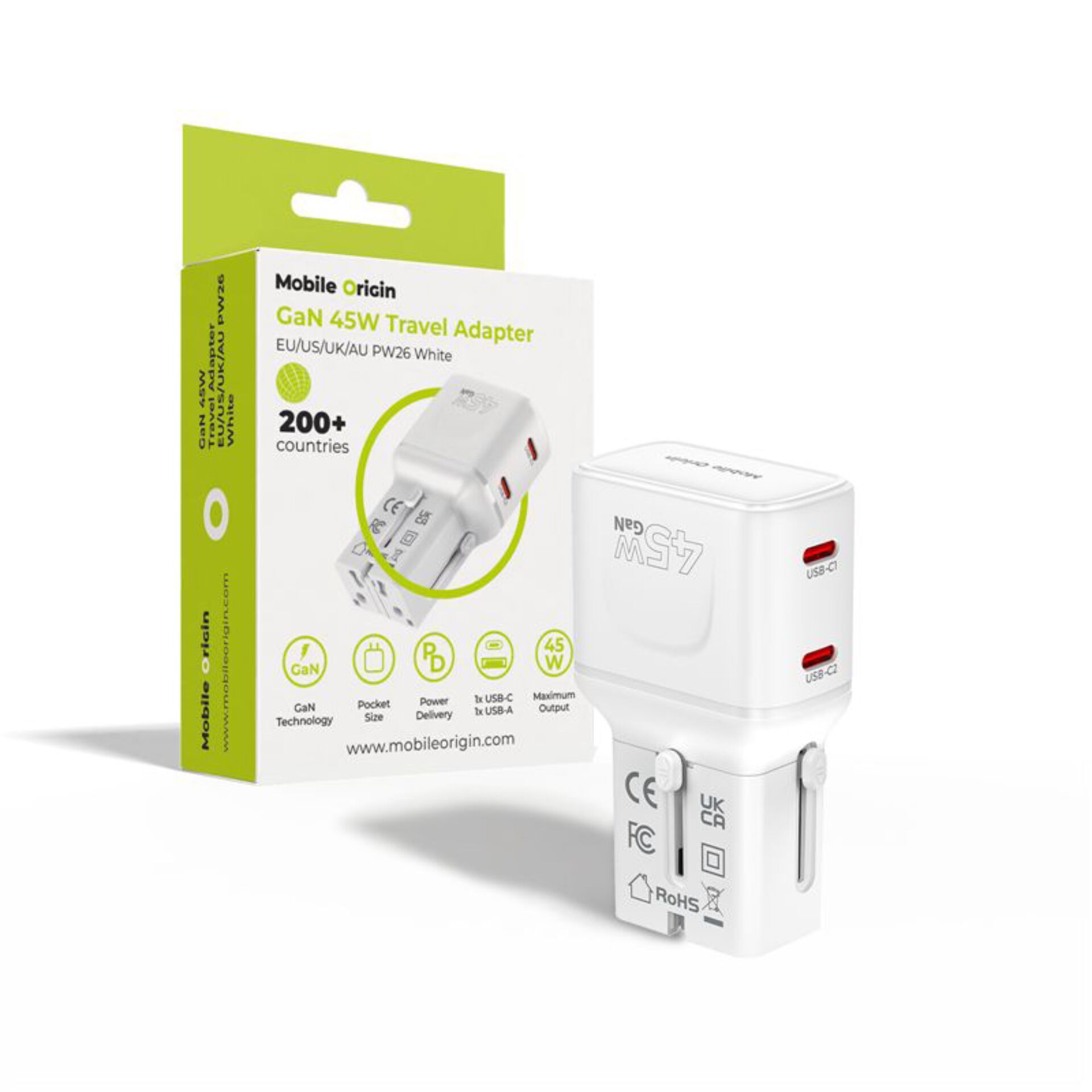Mobile Origin 45W Travel Adapter  EU/US/UK/AU PW26, white