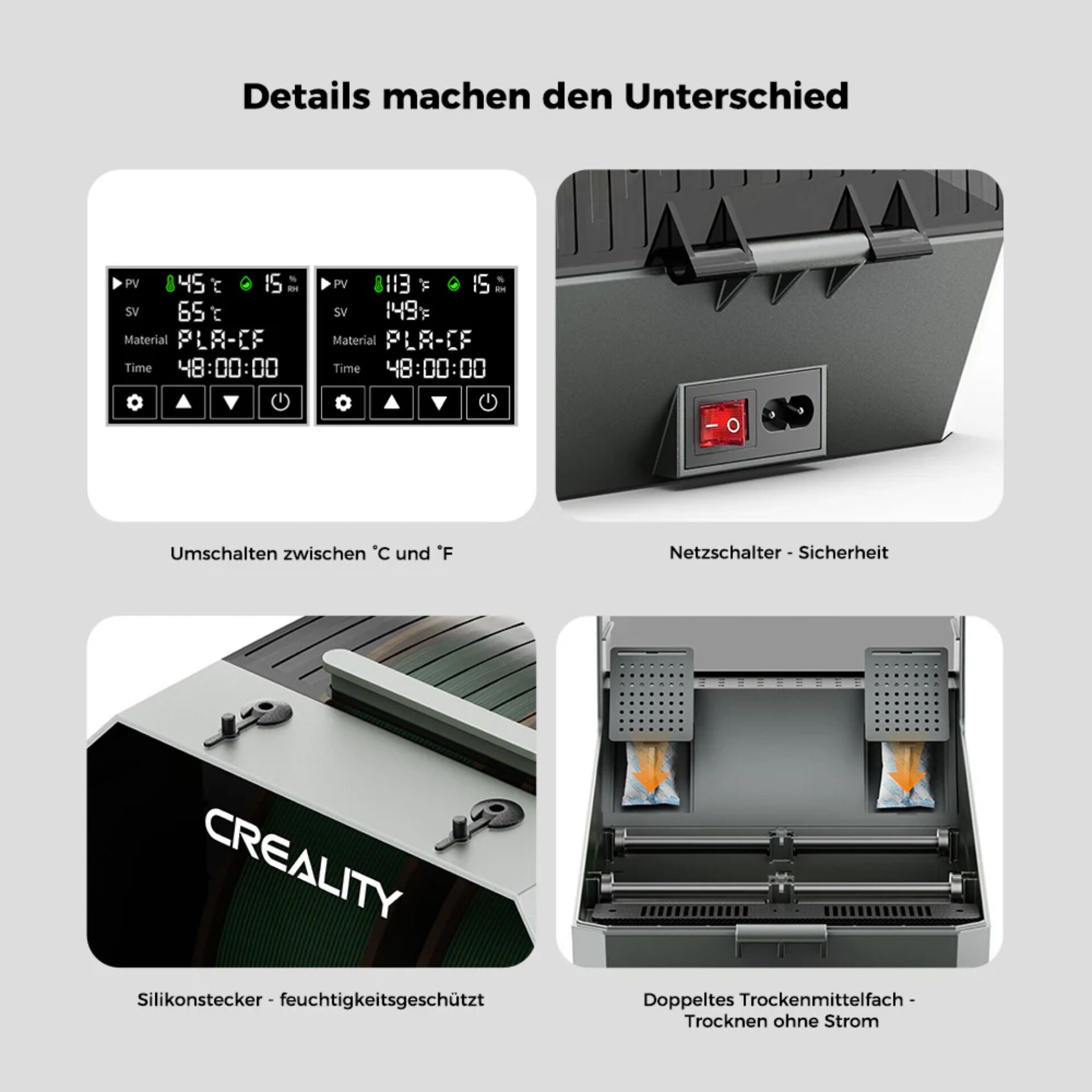 Display-Digital, Temperature-Display, Safety-Switch, Silikonstecker, Trockenmittel-Fach