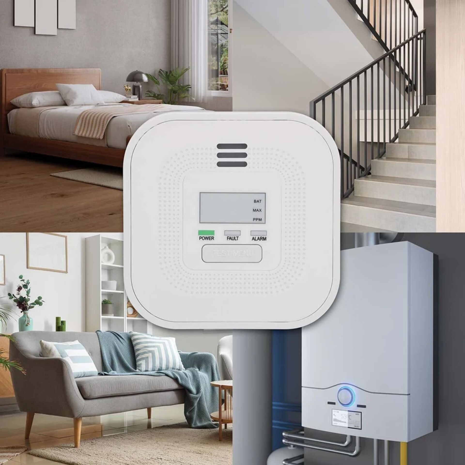 Brandless device, Home safety, Smart detector, Household appliance, Interior scene