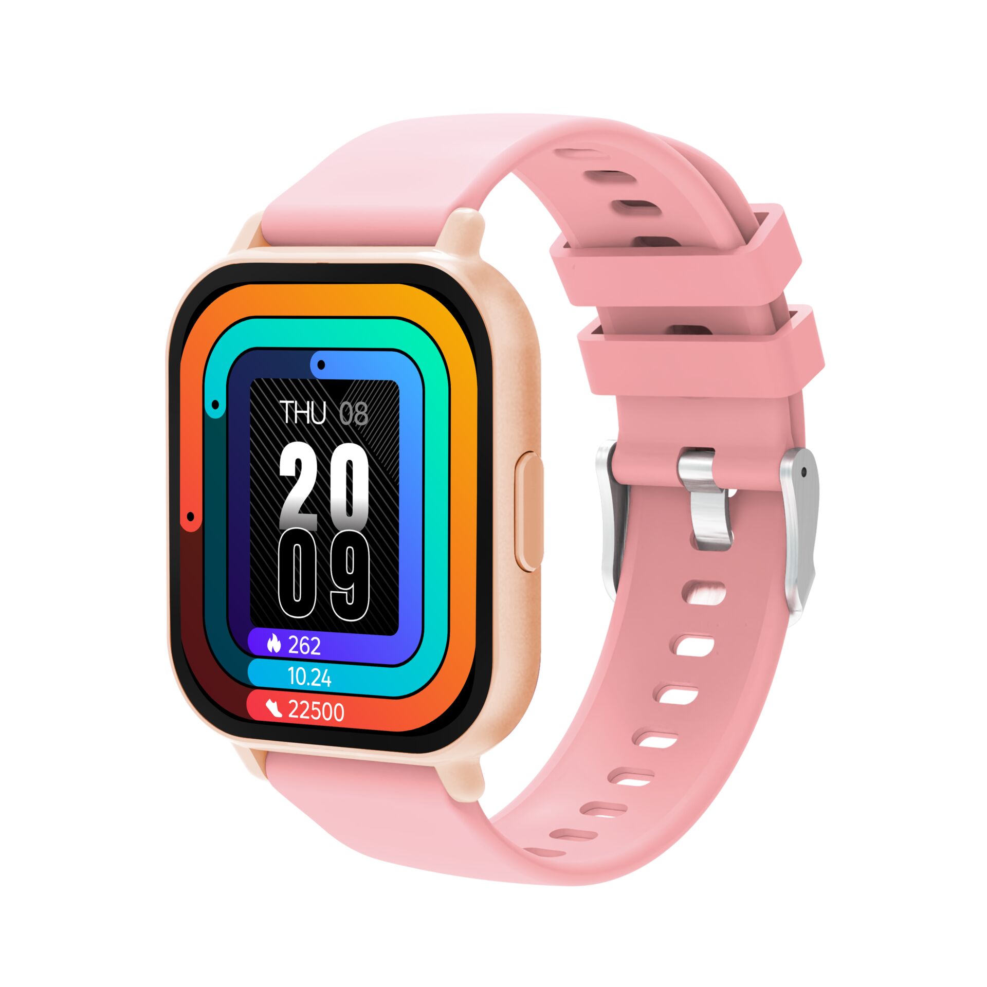 smartwatch, pink band, digital display, rounded square, fitness tracker
