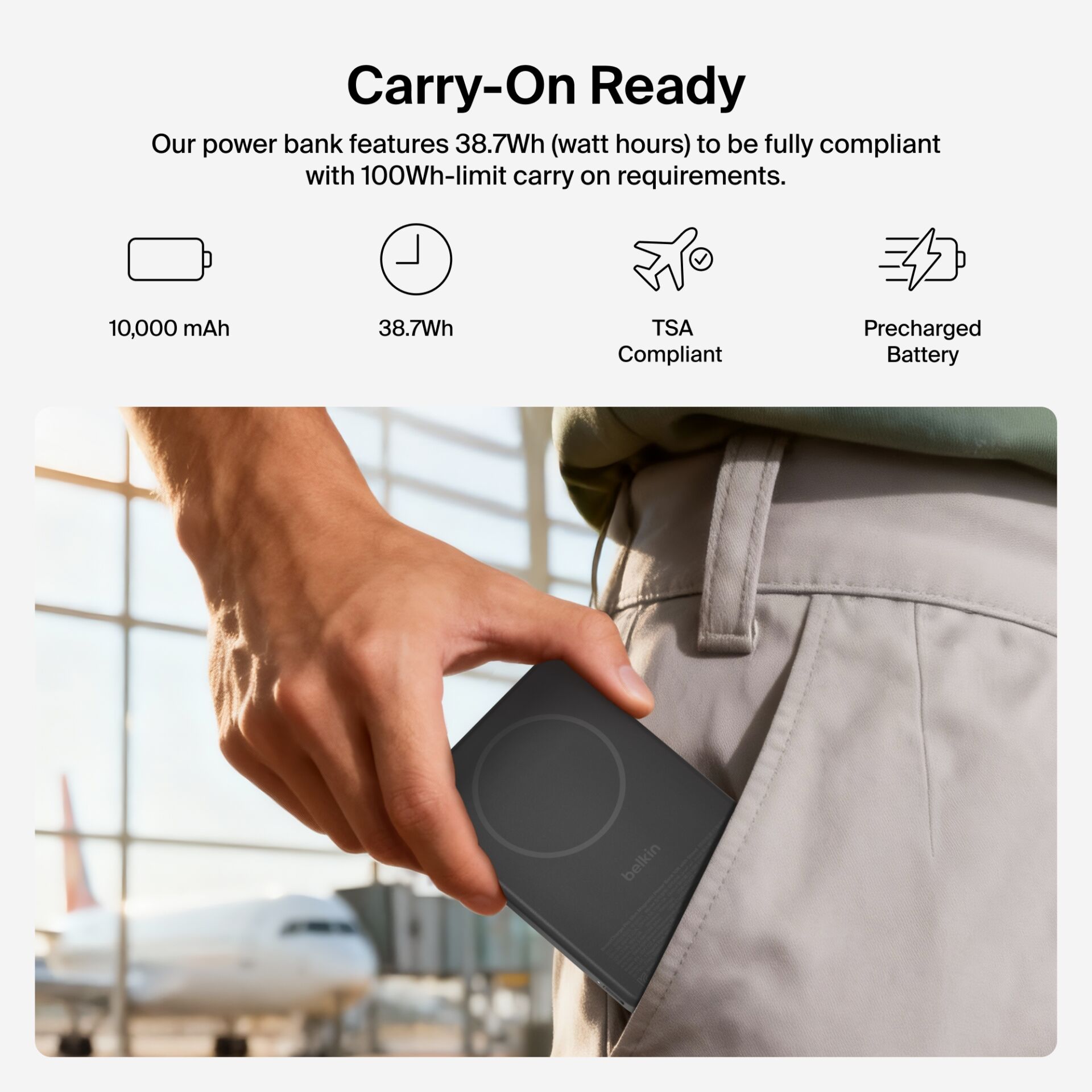 Power bank, 10.000 mAh, 38.7Wh, Vorgeladen, TSA-konform