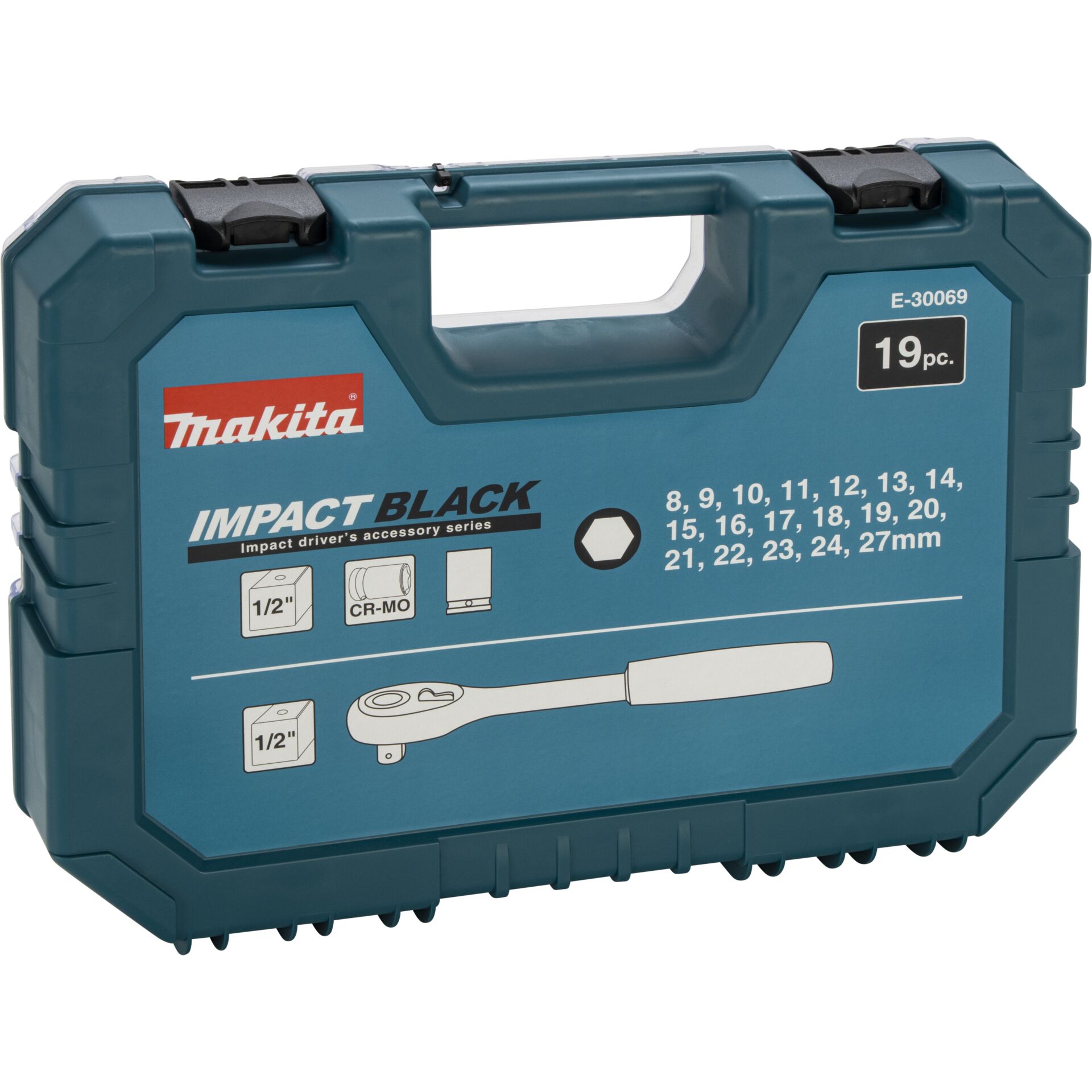 Impact Black, Werkzeugkoffer, Ratschen-Set, 1/2 Zoll, Makita (Marke nicht sichtbar)