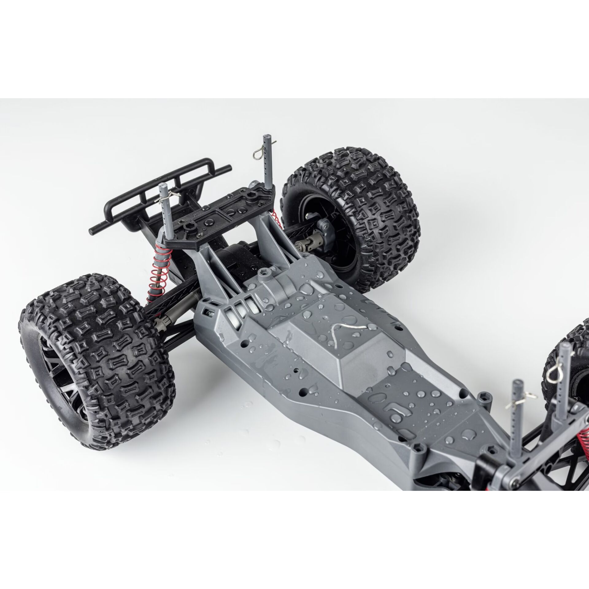 RC-Auto-Chassis, Offroad-Räder, Stoßdämpfer, Metallisch-grau, Wassertropfen