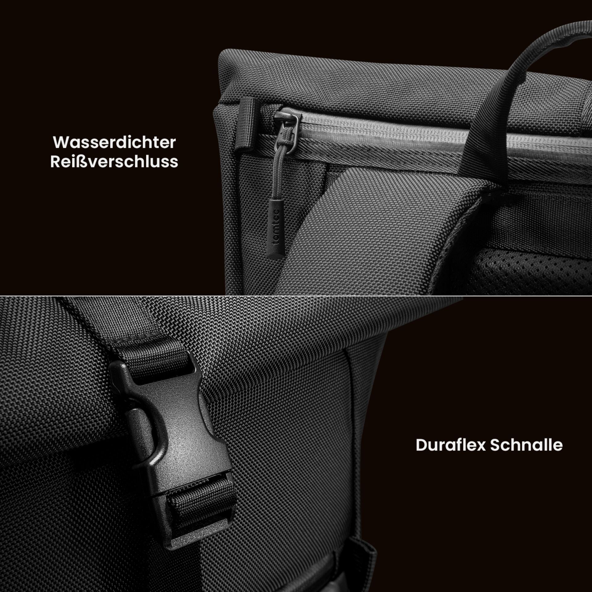 Wasserdichter Reißverschluss, Duraflex Schnalle, Rucksack, Gurtband, Schwarz