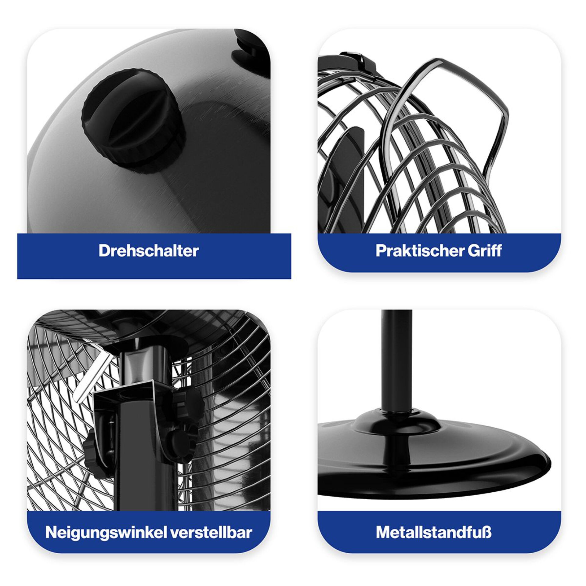 Drehschalter, Praktischer Griff, Neigungswinkel verstellbar, Metallstandfuß, Ventilator/Standventilator
