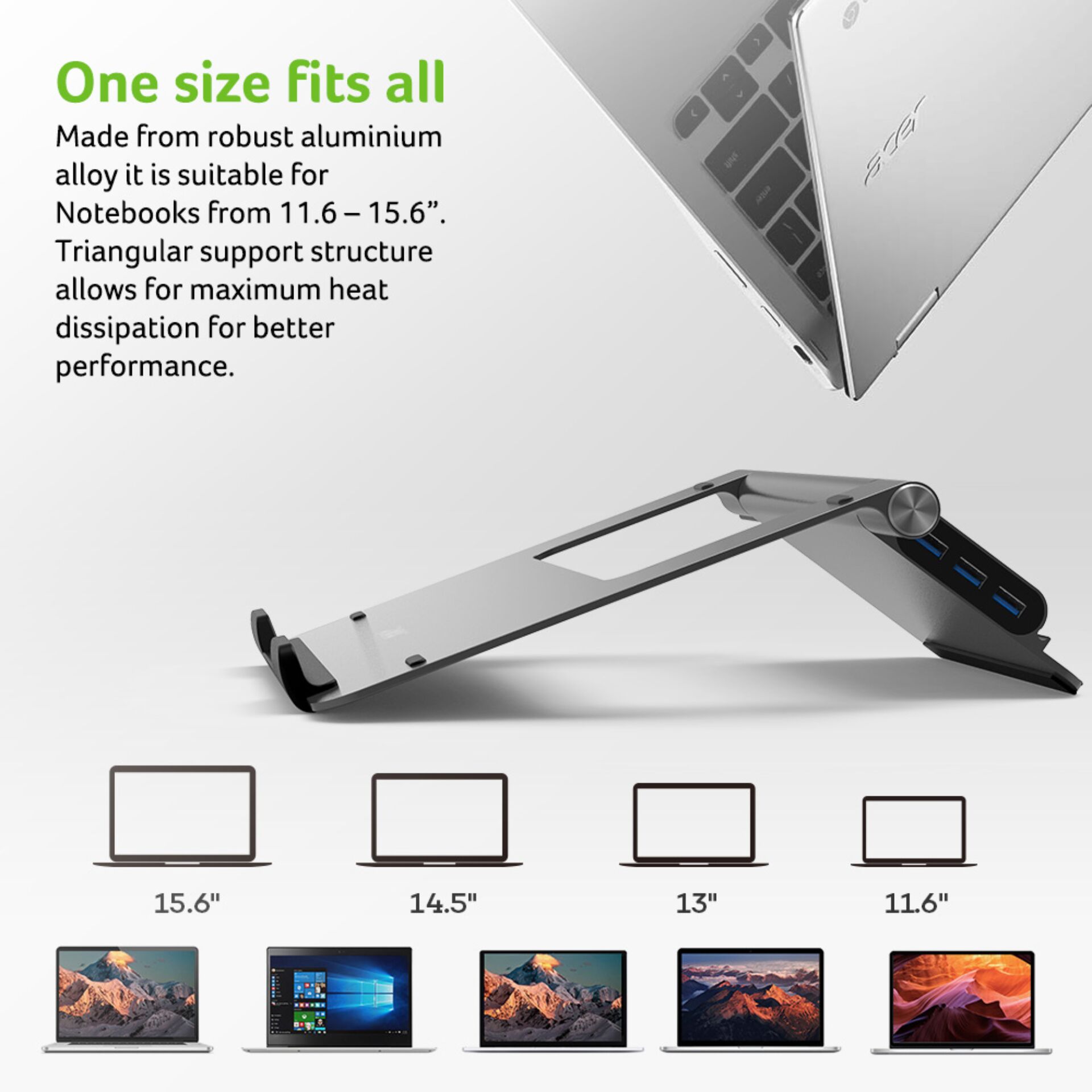 Laptopständer, USB-Hub, Aluminium, Verstellbar, Kühlung