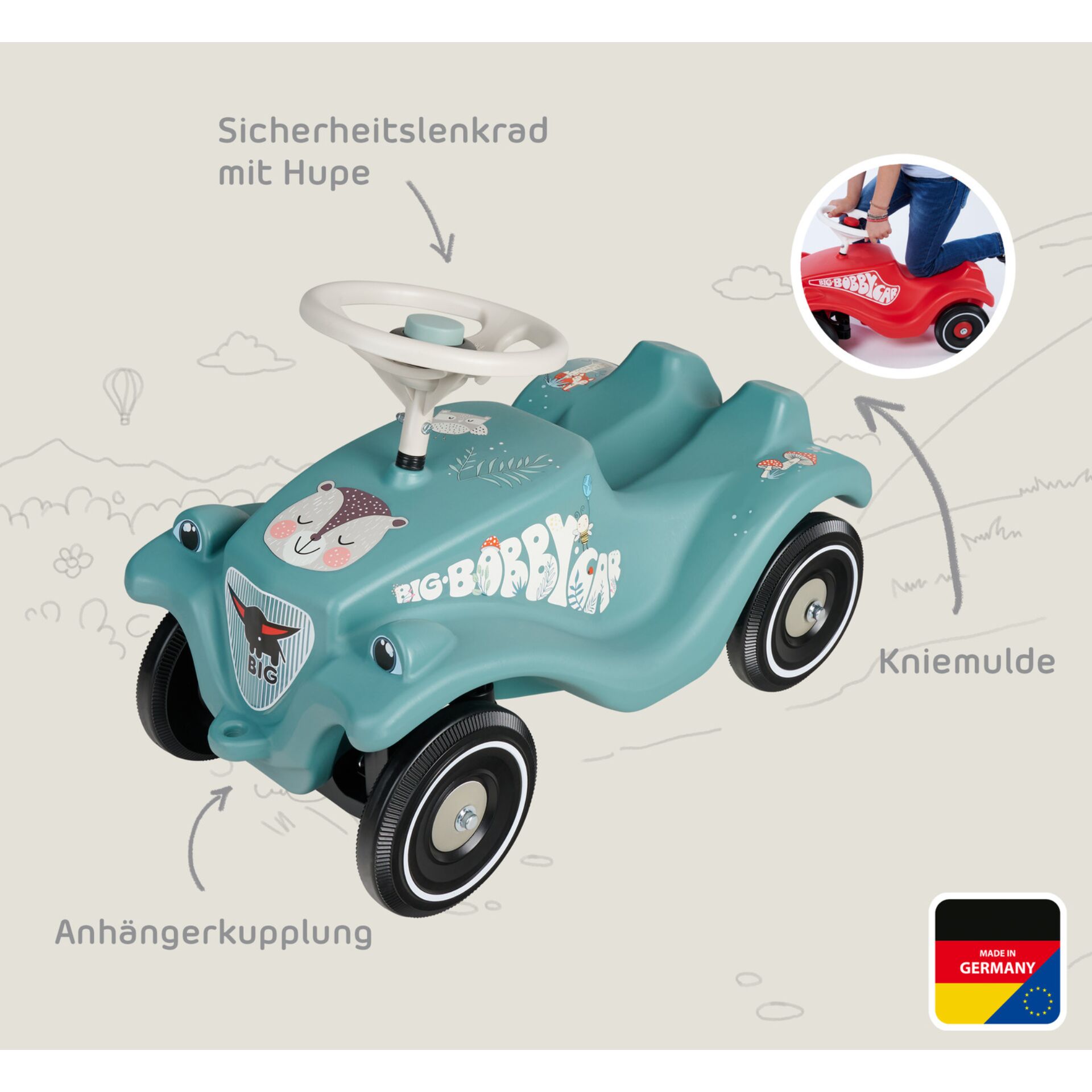 Pedaalomot, Kinderfahrzeug, Gummireifen, Sicherheitslenkrad, Anhängerkuppung