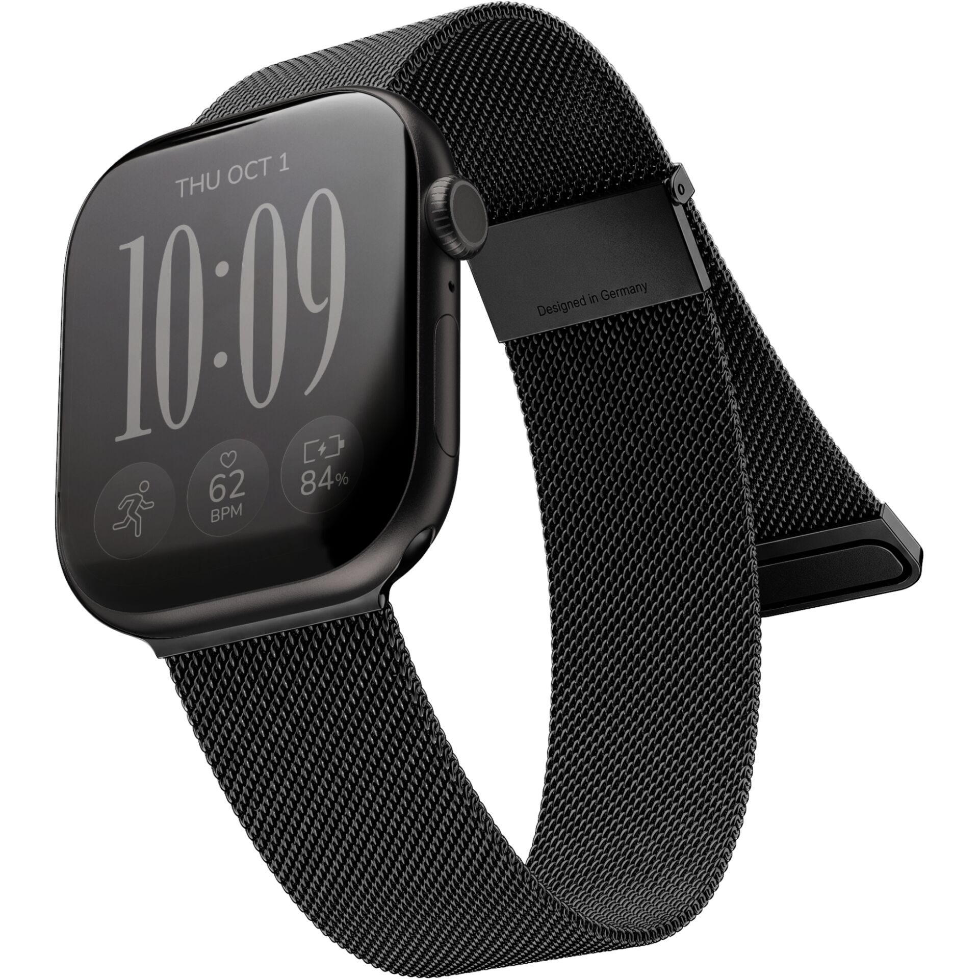 Smartwatch, schwarzes Gehäuse, Metallarmband, Touchscreen, Herzfrequenzmessung
