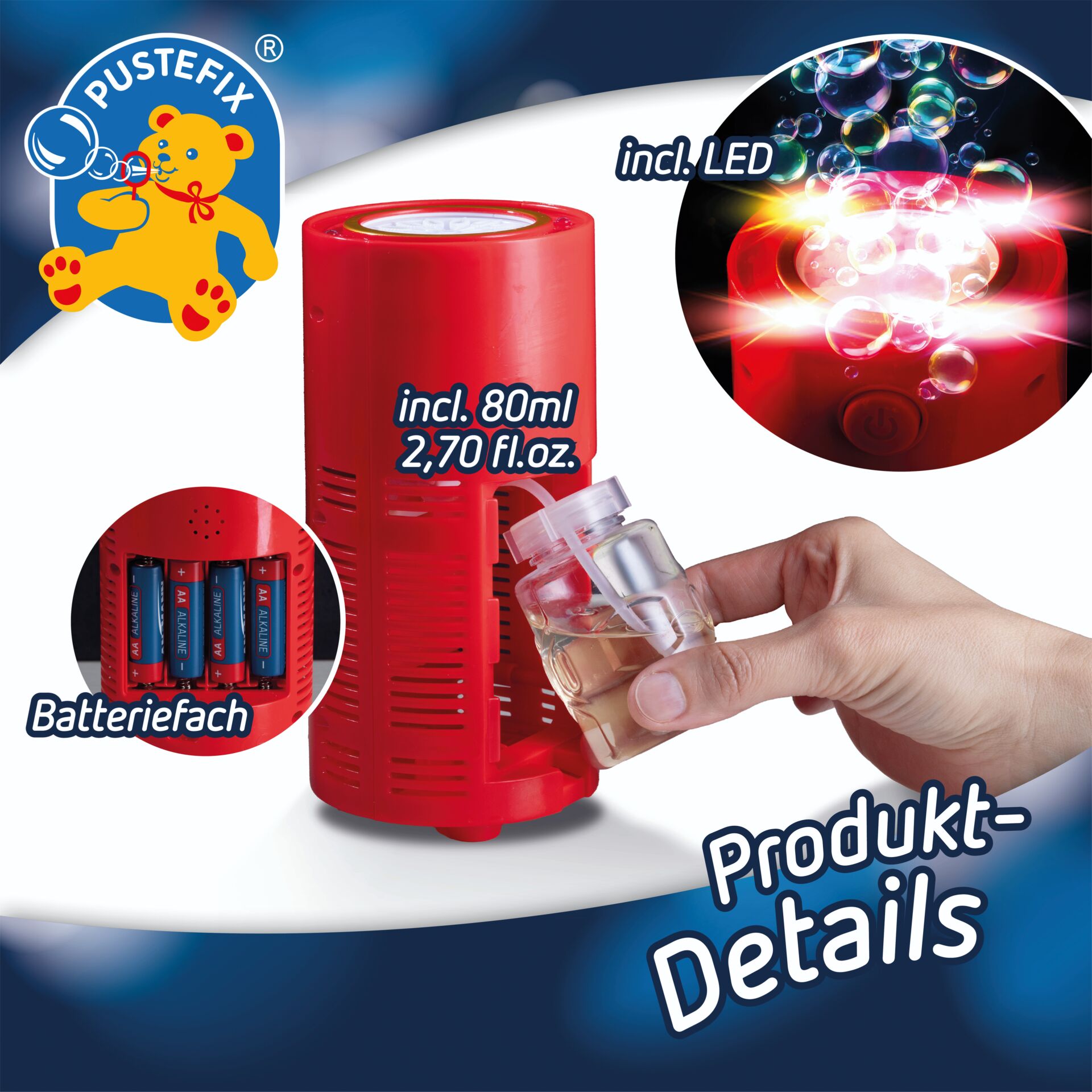 rotes Gerät, Batterien, LED-Licht, Blasenmaschine, Mini-Kompressor