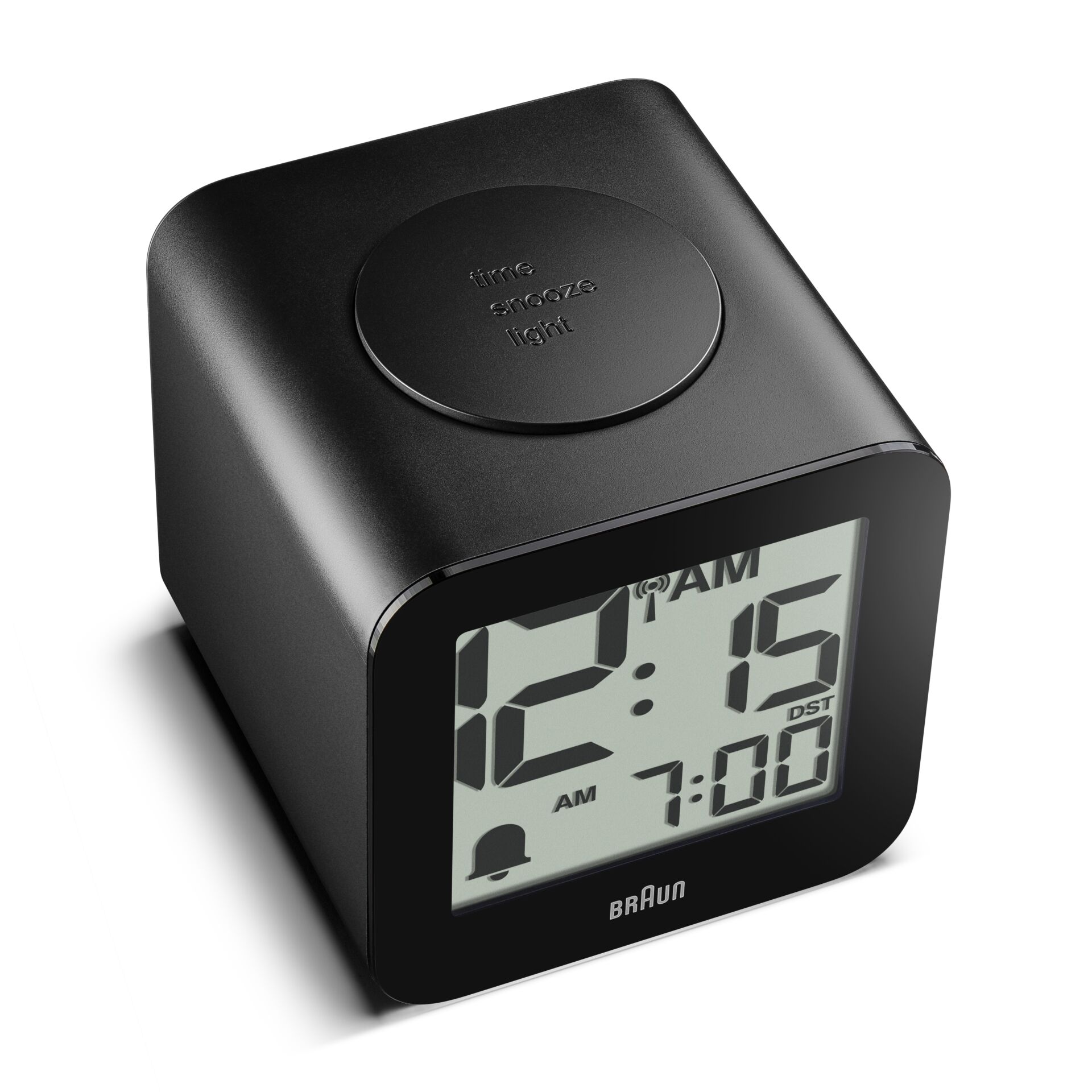 Digitaler Wecker, LCD-Anzeige, Schwarzer Würfel-Design, Schlummerknopf, Braun-Logo auf Display