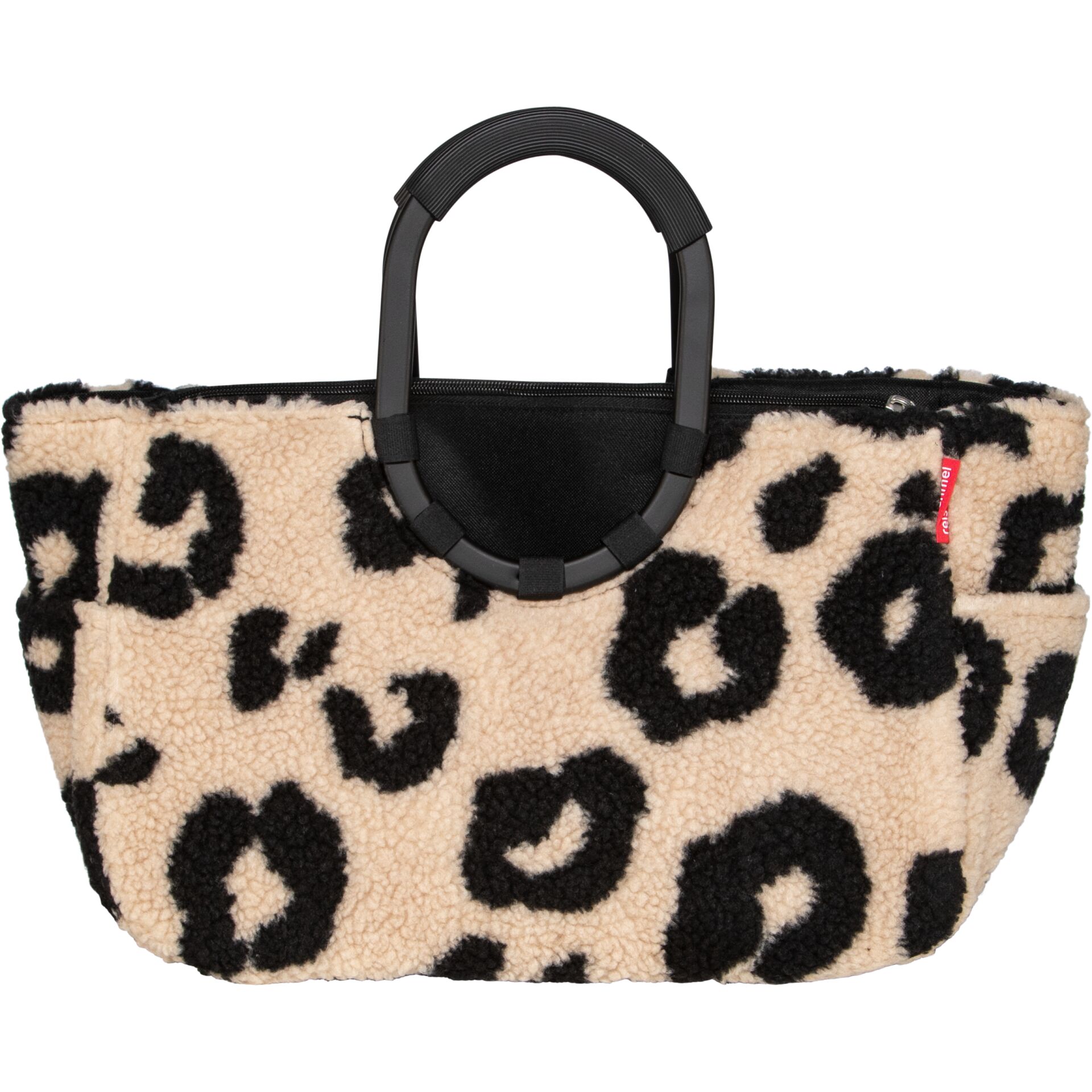 Shopper-Tasche, Teddyfell, Leopardenmuster, Beige-Schwarz, Reißverschluss