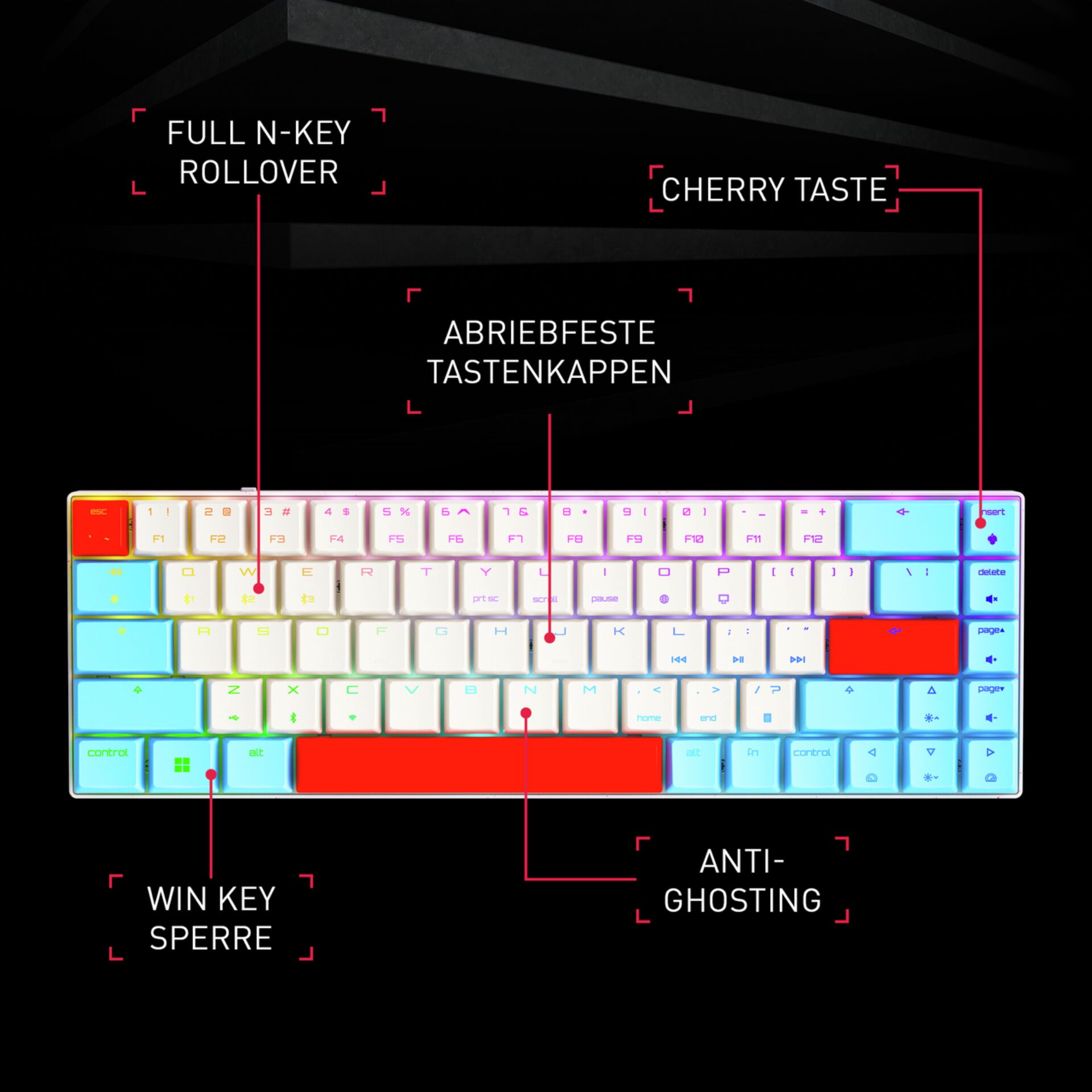 Keycaps, RGB, Mechanisch, Cherry-taste?, Anti-ghosting, Win-Taste Sperre, Full N-Key Rollover, abreibfeste Tastenkappen