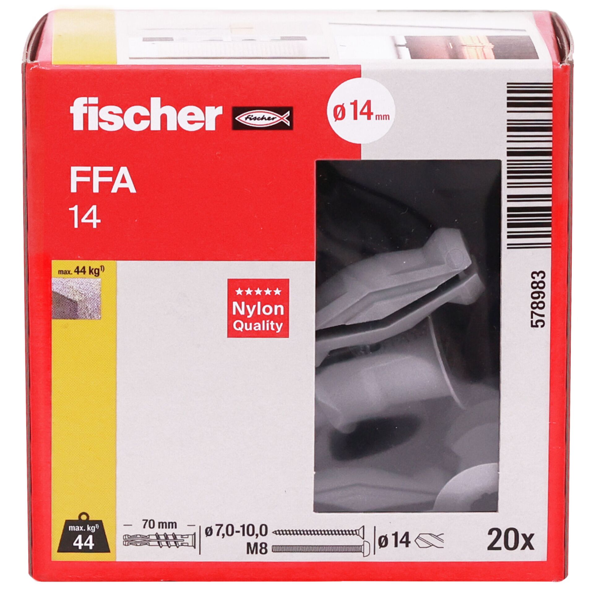 Nylon Qualität, Fischer, FFA 14, 14 mm, Schachtel mit Schrauben