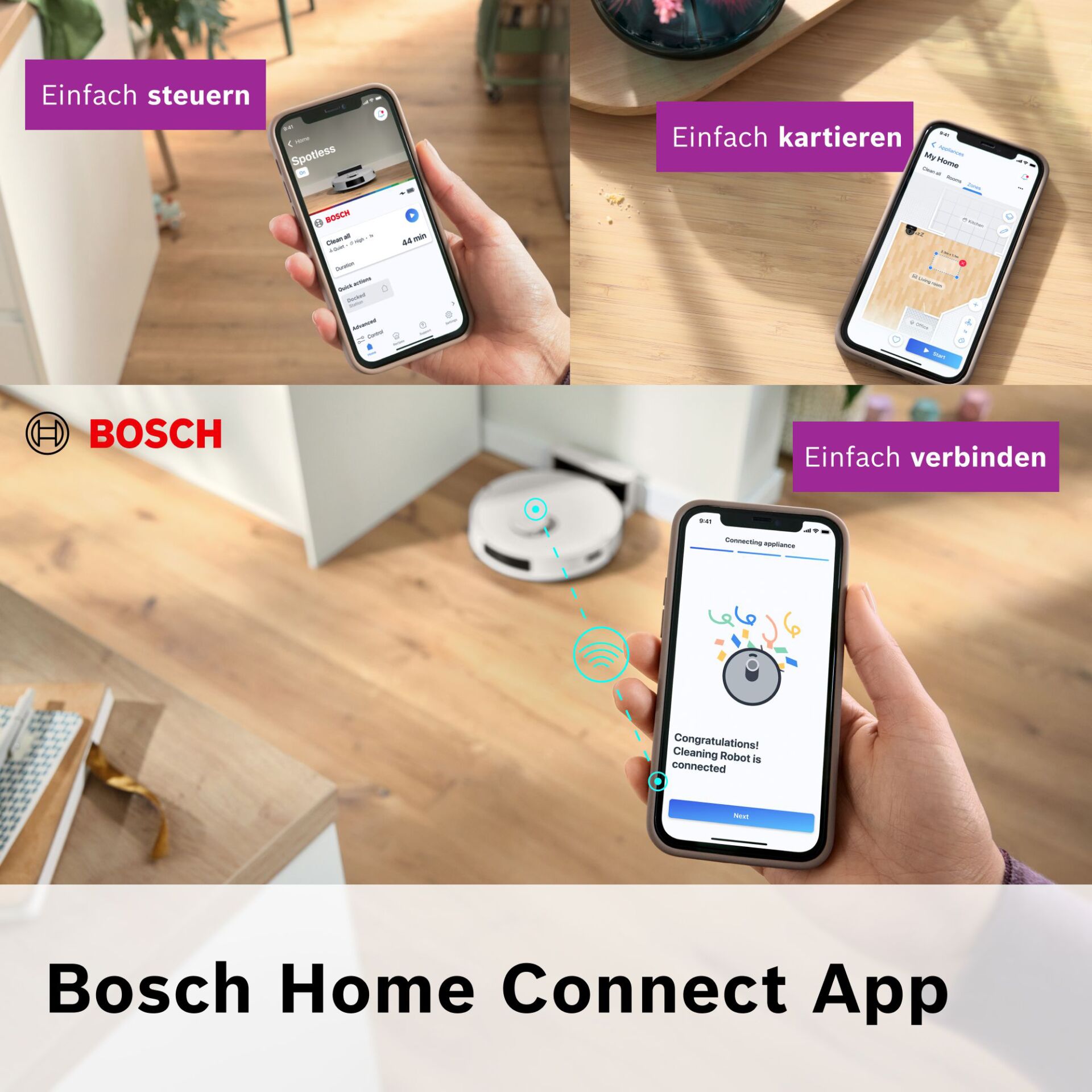Smartphone Steuerung, Home App, Saugroboter, WLAN Verbindung, Bosch Logo