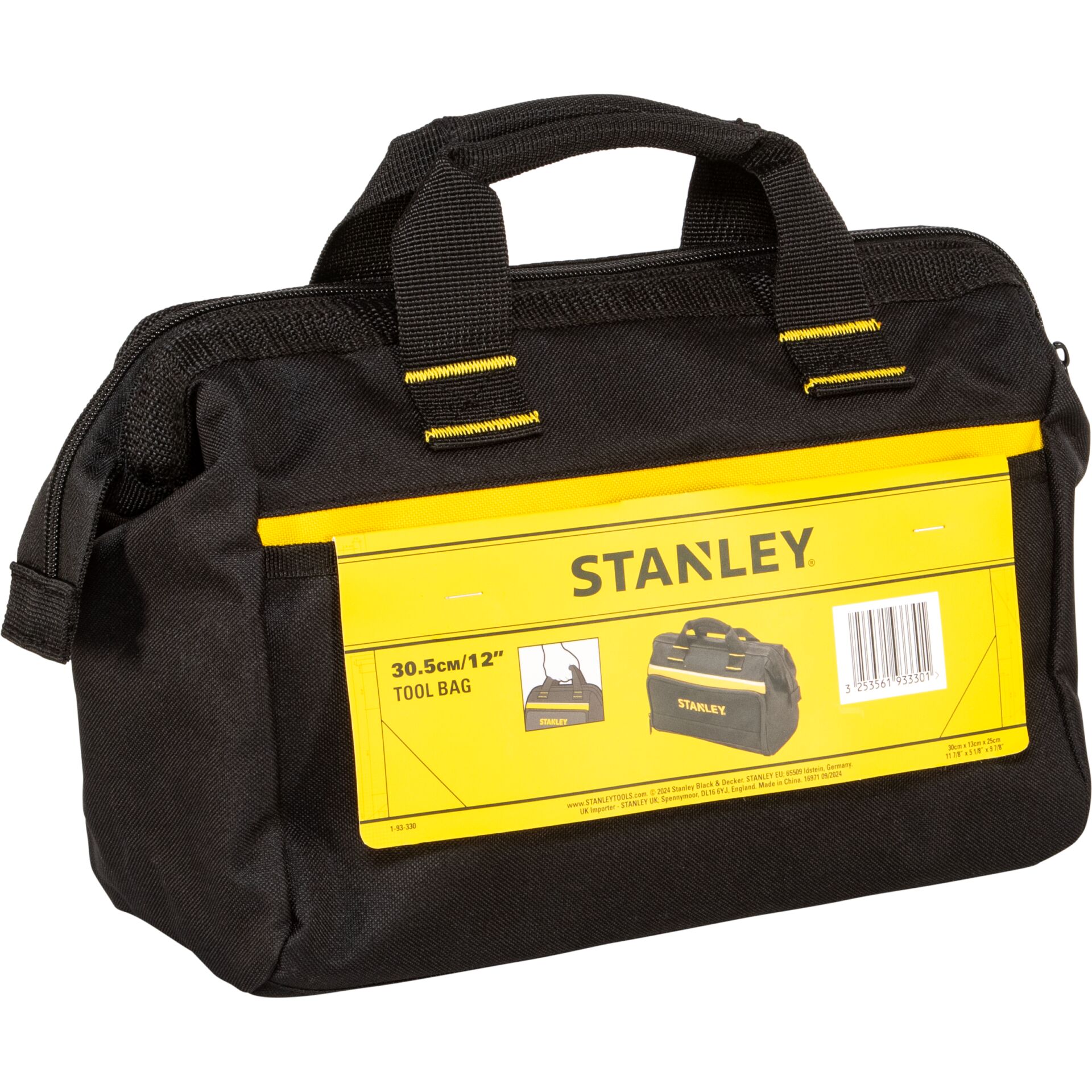Werkzeugtasche, Tragetasche, schwarz, gelbes Etikett, Stanley-Aufkleber