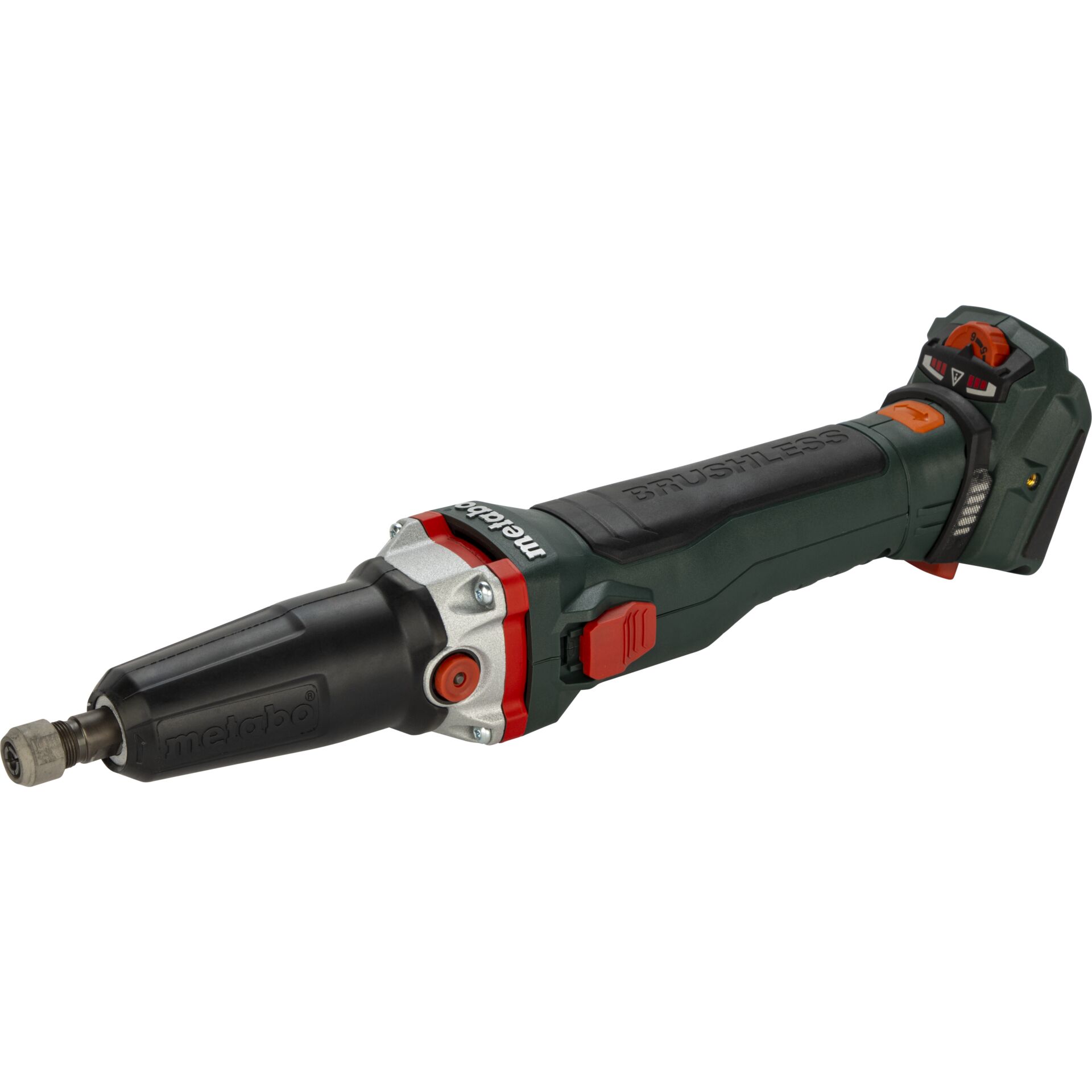 Gerät, Elektrische Bohrmaschine, Werkzeug, Akku-Geradschleifer, bürstenloser Motor, dunkelgrün, Metallspannzange, roter Schalter