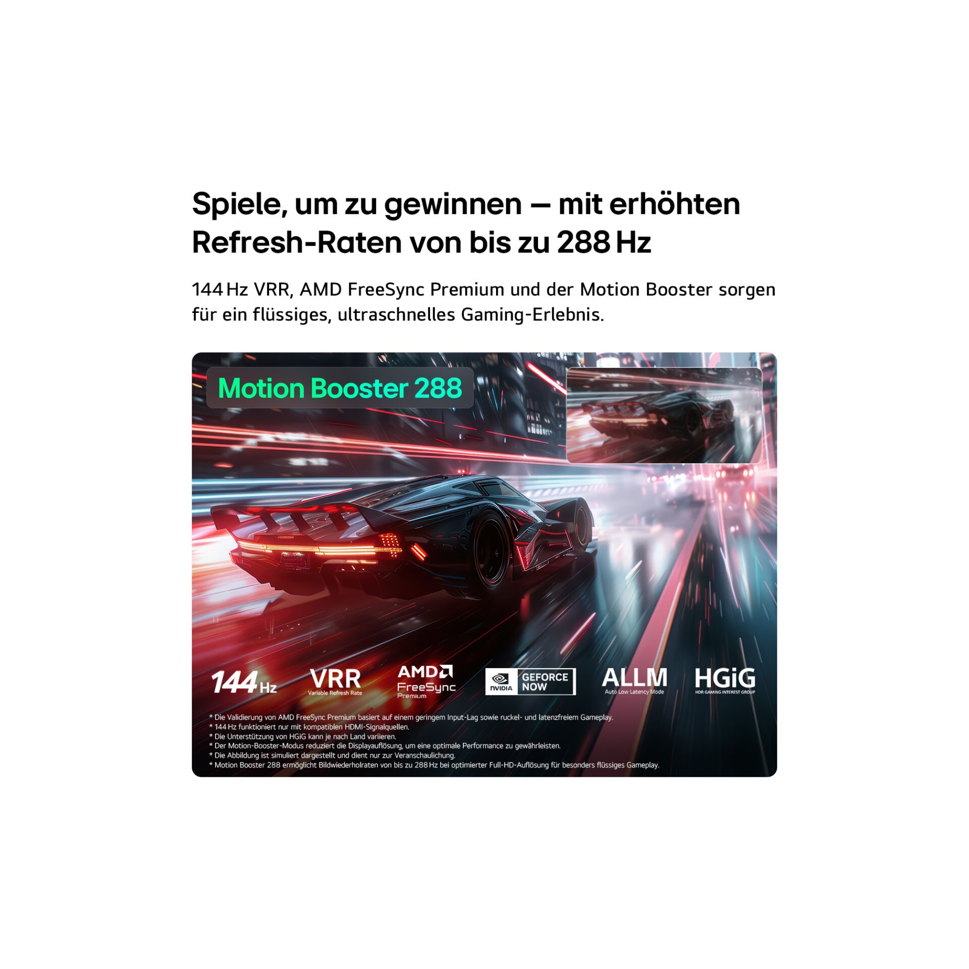 Rennwagen, Gaming-Monitor, Motion Booster 288, VRR, 144 Hz