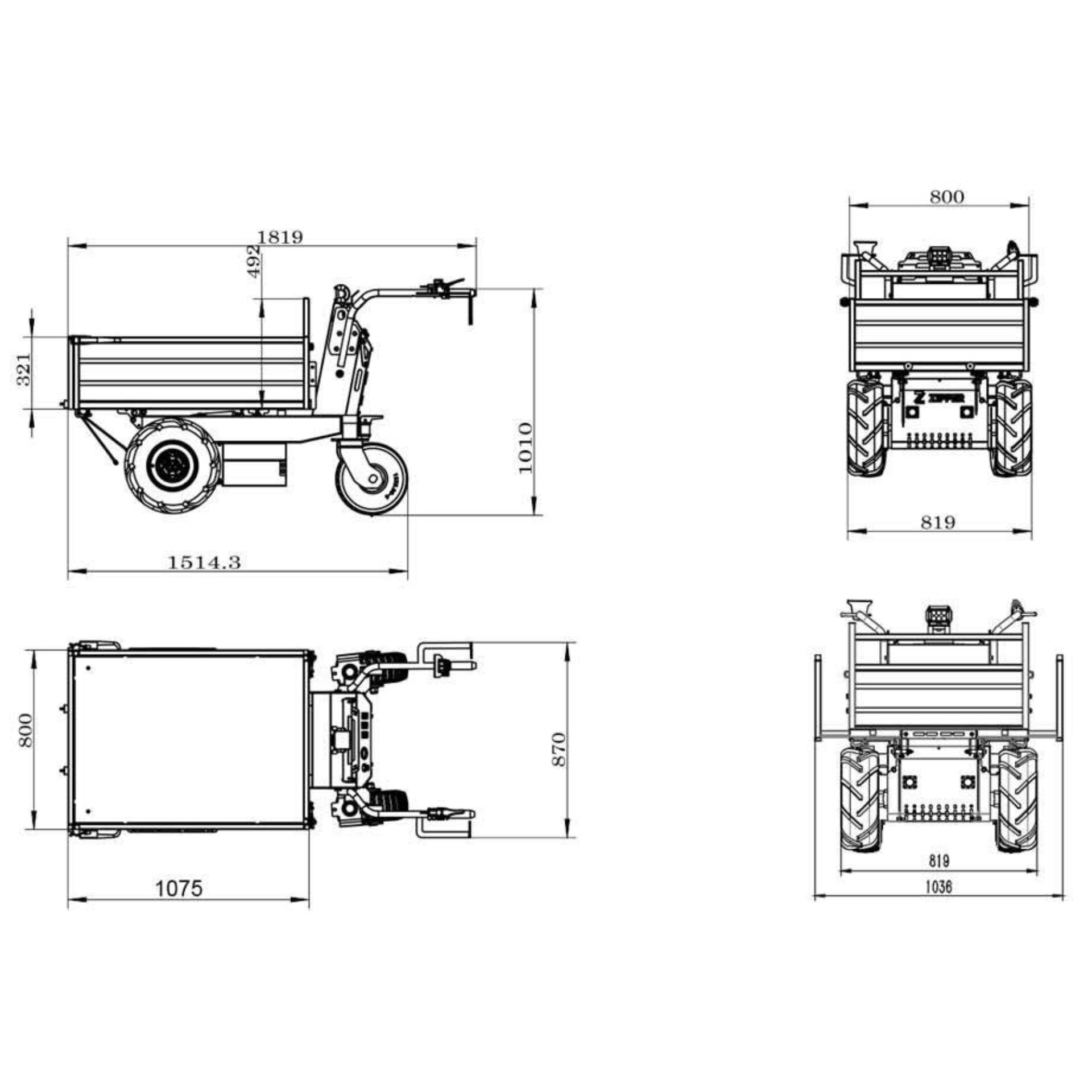 tiller, Arbeitsbühne, Kippfahrzeug, Maße, Schematische Zeichnung, mobile elevated work platform, aerial work platform, industrial trailer, blueprint, dims