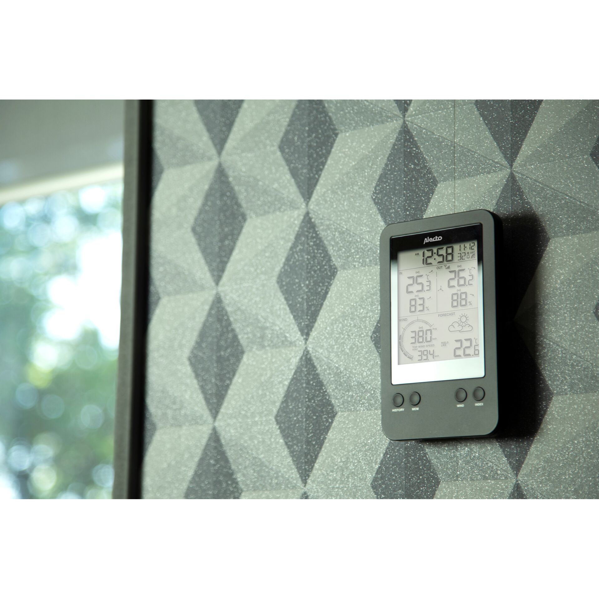 Wetterstation, Digitale Anzeige, Wandmontiert, Geometrische Tapete, Industrie-Design
