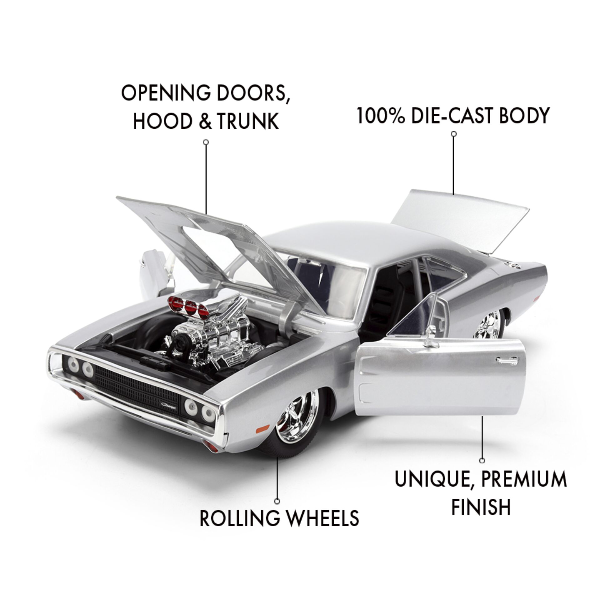 model car, die-cast, silber, Hauben-Öffnung, rollende räder