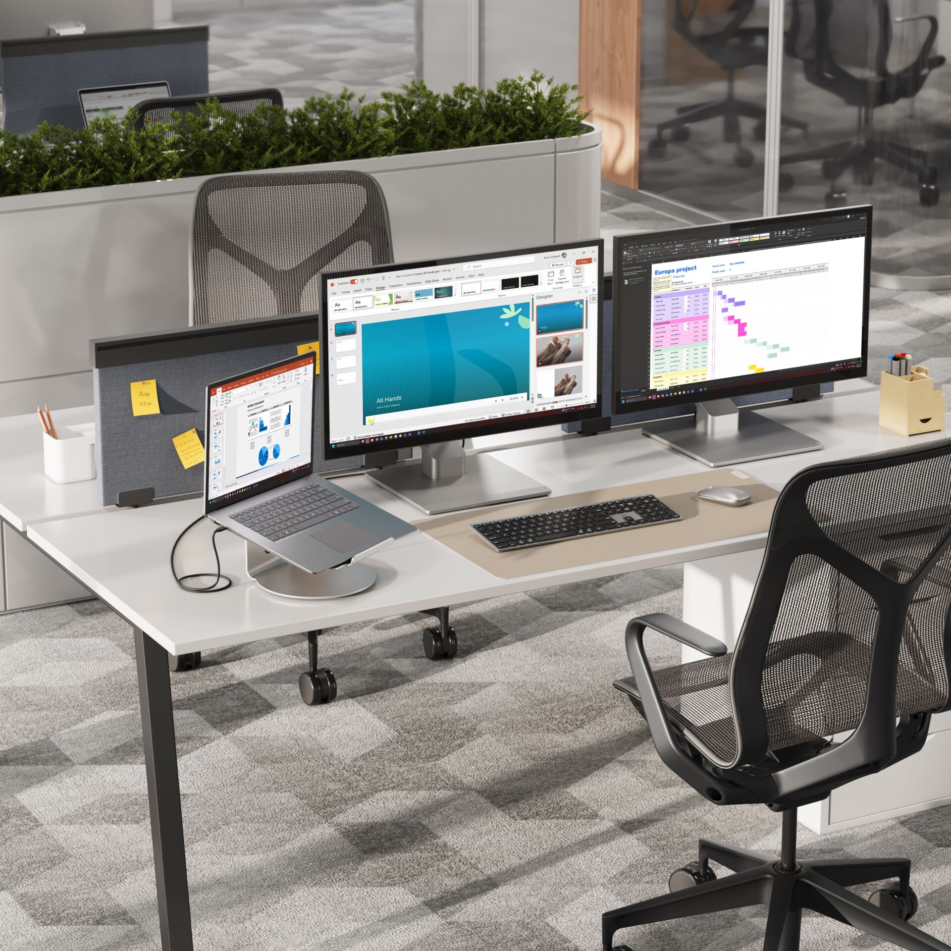 Arbeitsplatz, Doppelmonitor, Laptop-Dockingstation, ergonomischer Stuhl, Arbeitsumgebung