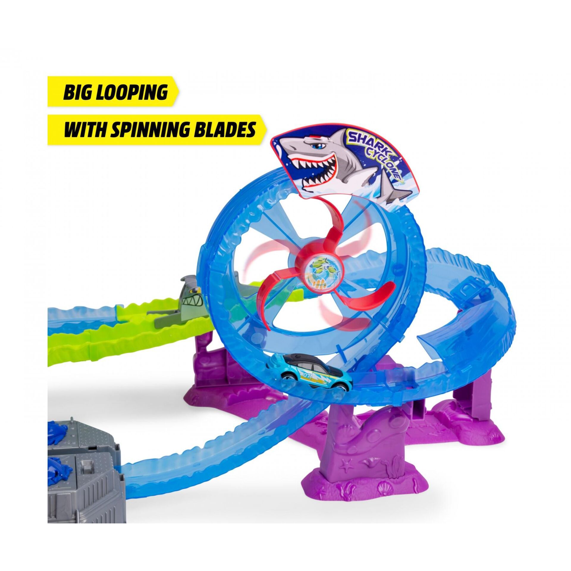 Spielzeug, Karussell, Hai-Zahnrad, Blaue Schienen, Drehklingen