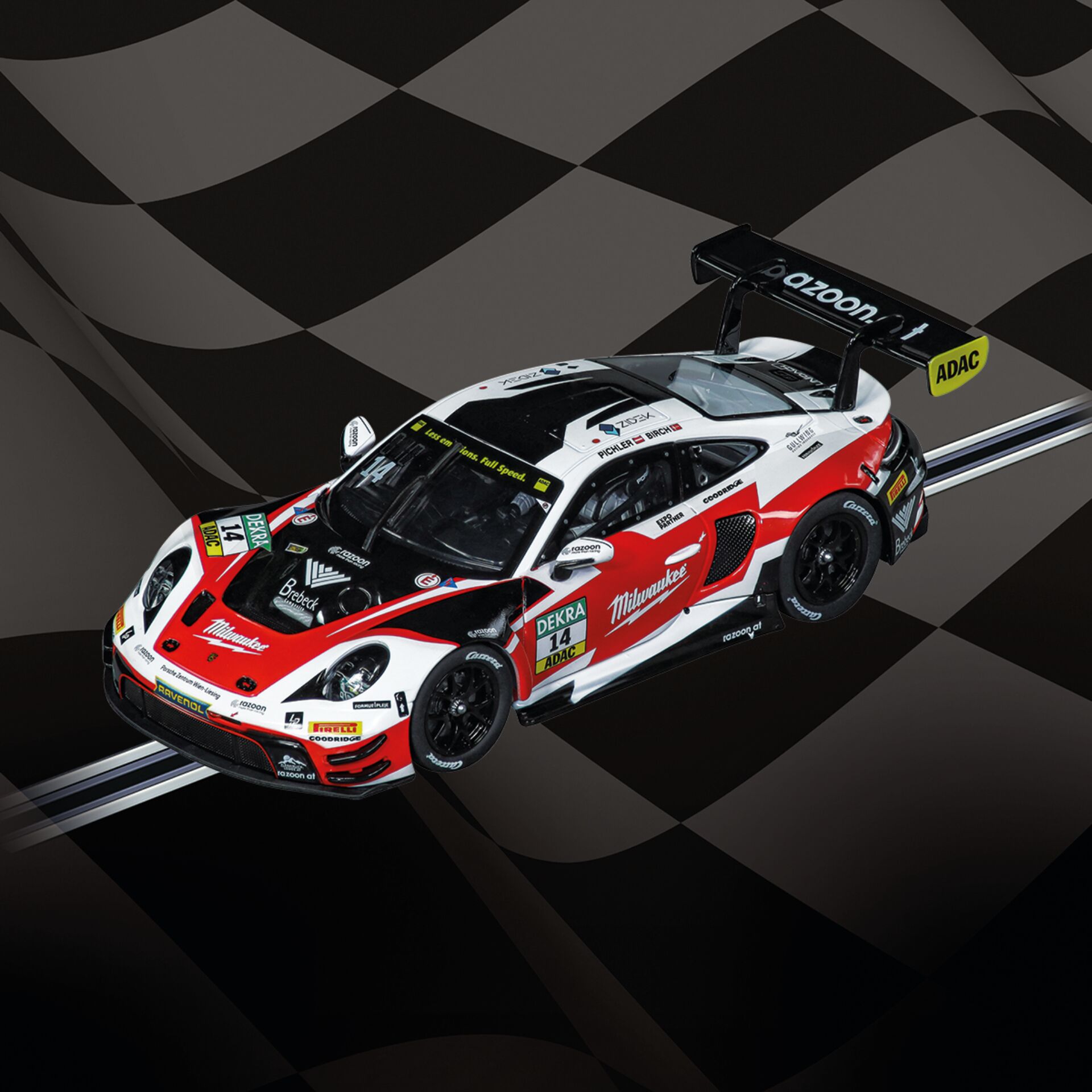 Modellrennwagen, Porsche 911 GT3, Slotcar, Rot-weiß-schwarz, Rennwagen mit Heckflügel