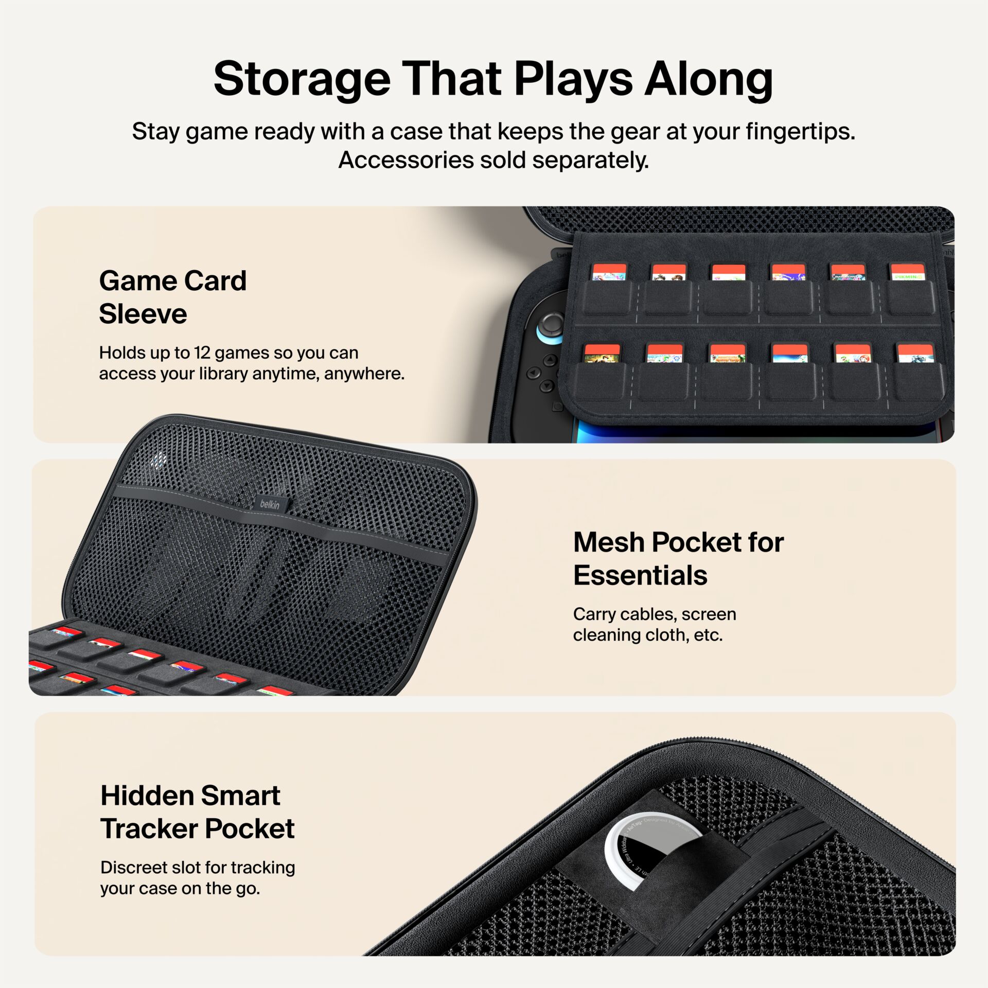 Game Card Sleeve, Storage case, Memory slots, Mesh pocket, Hidden tracker pocket