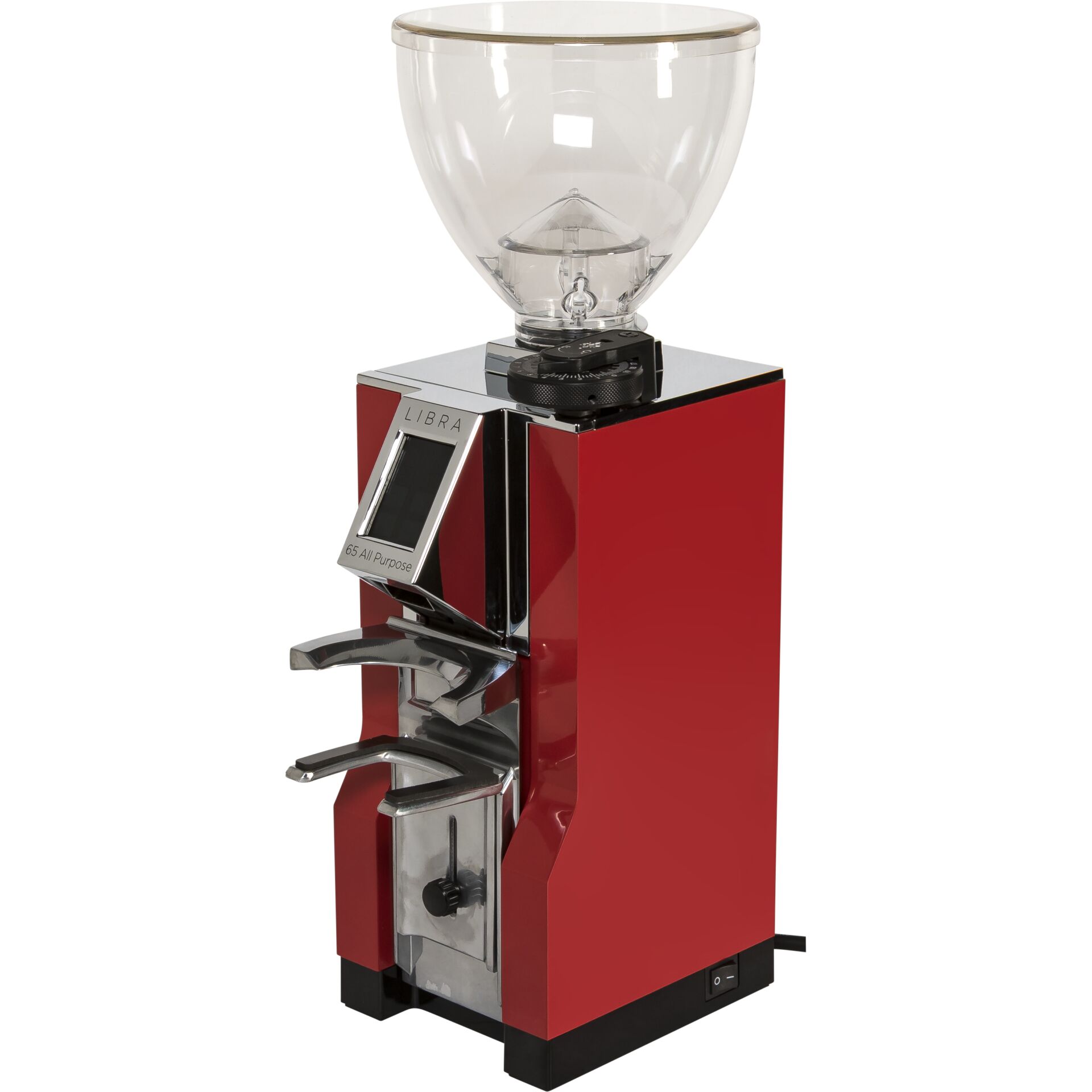Kaffeemühle, Getreidebehälter, roter Körper, Metallhebel, digitaler Timer