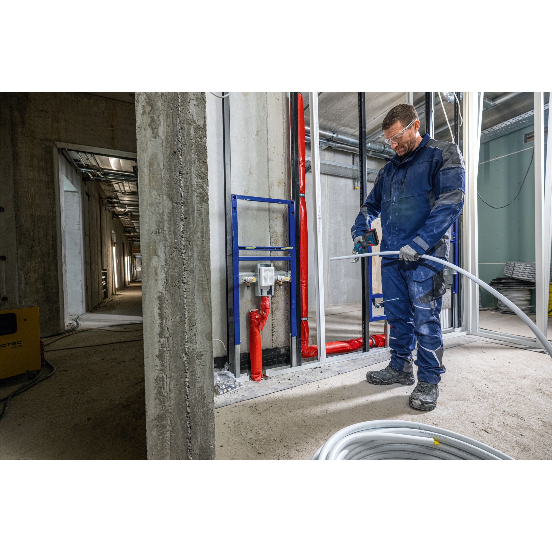 Arbeitskleidung, Bauwarnung, Installation, Schläuche, Baustelle