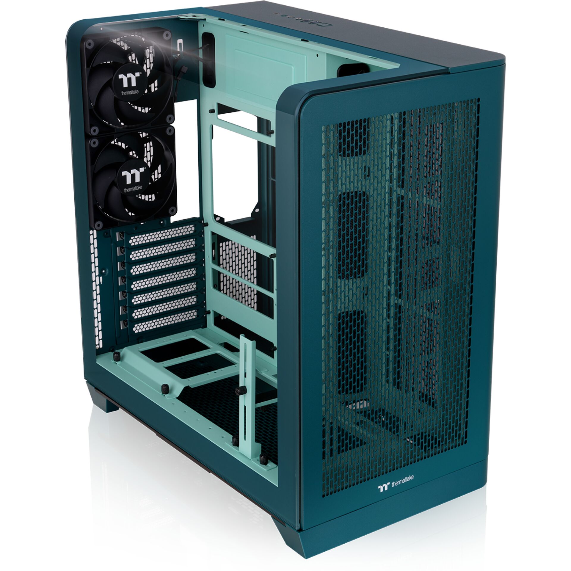 mid-tower, pc case, mesh front, teal, fan