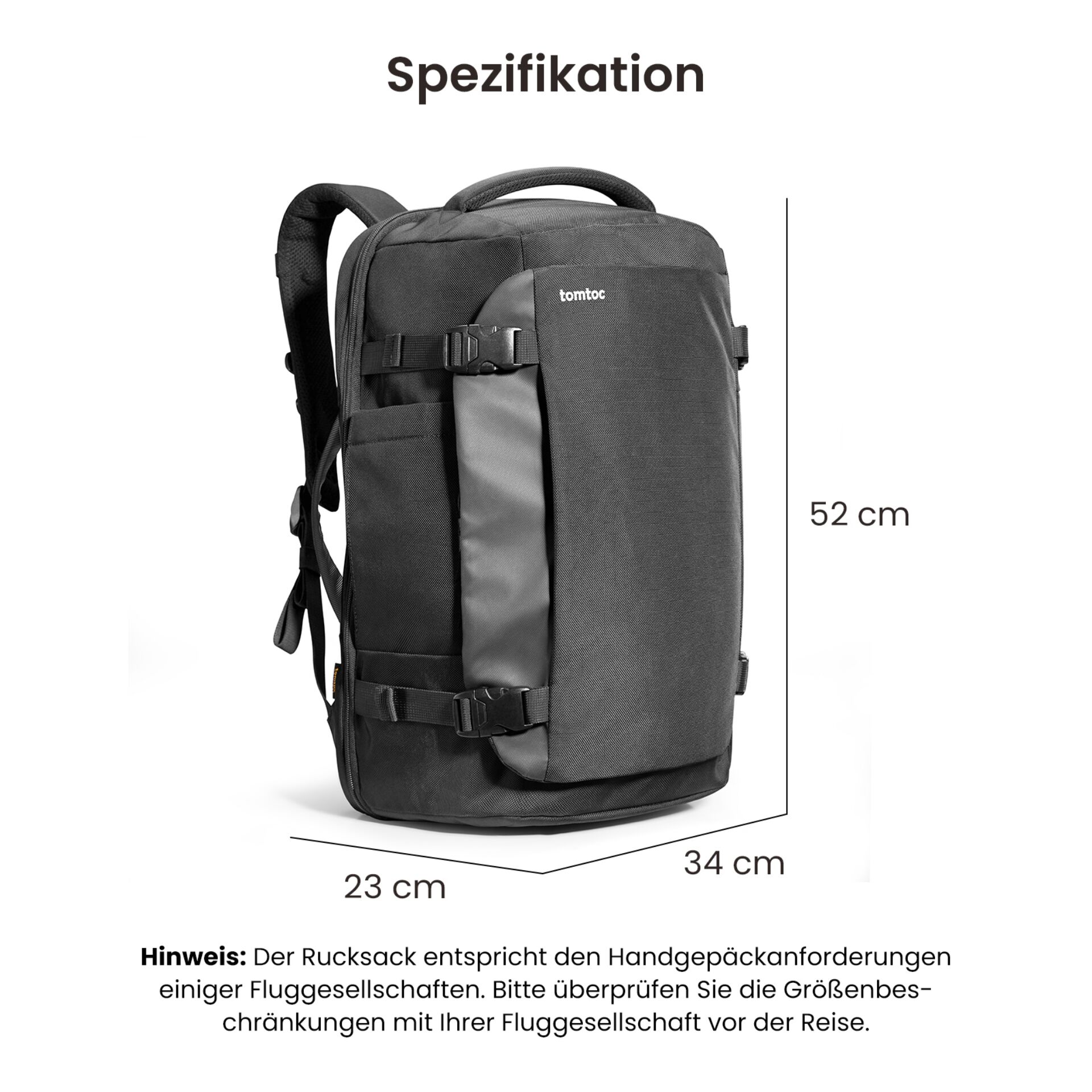 Rucksack, Backpack, Schwarz, Trageschleifen, Abmessungen 52 cm